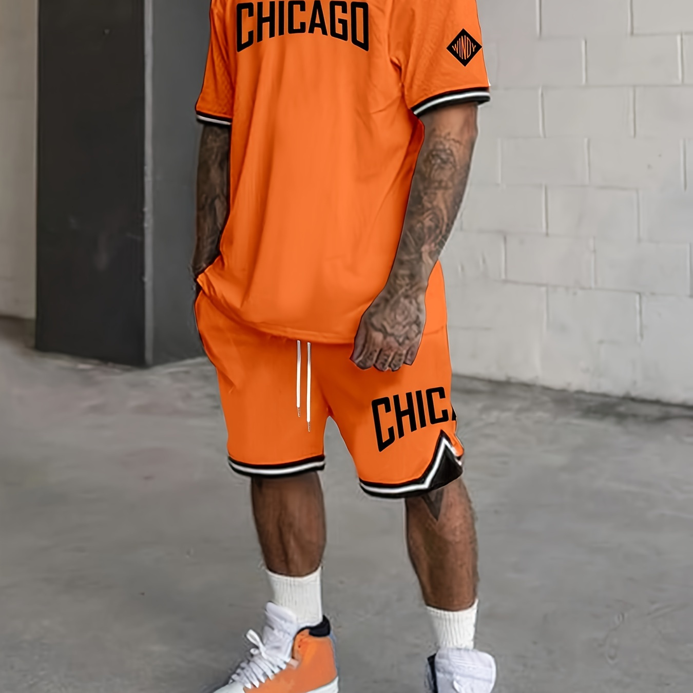 

Men's Summer Sports Fashion Set: Orange Chicago Letter Print Crewneck Tee & Drawstring Shorts - Trendy Casual, Machine Washable, 100% Polyester