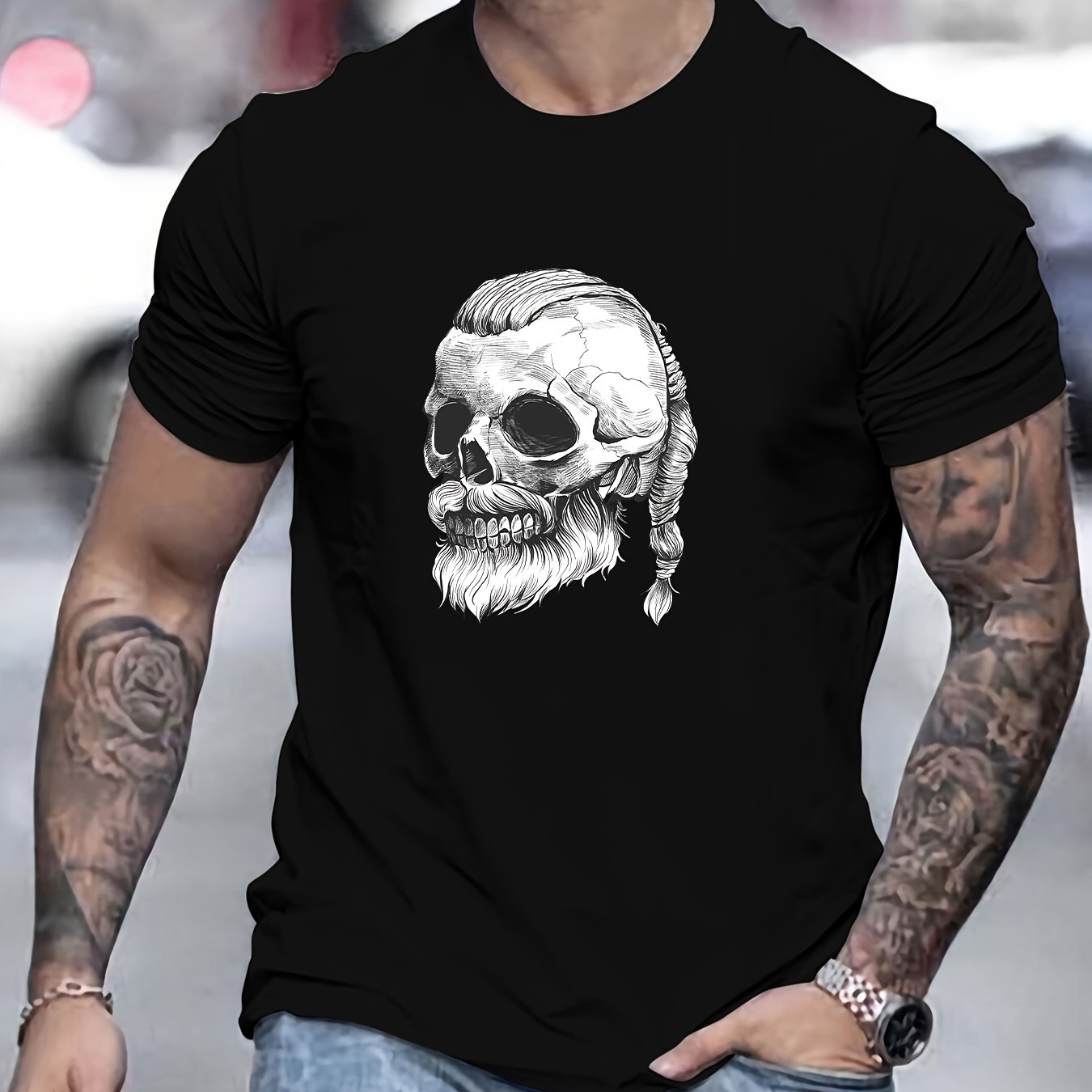 

Viking Skull Print T Shirt, Tees For Men, Casual Short Sleeve T-shirt For Summer
