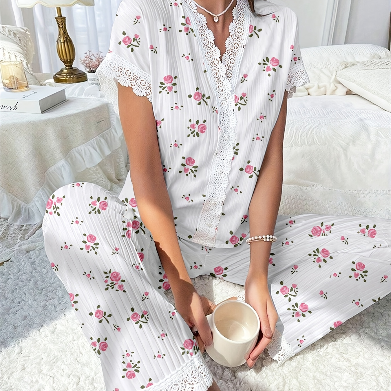 

1set Elegant Floral Print Pajama Set For Women - V-neck Lace Trim T-shirt And Long Pants Loungewear, Polyester Knit Fabric, Button Front, Short Sleeve, Adult Sleepwear For Autumn/winter