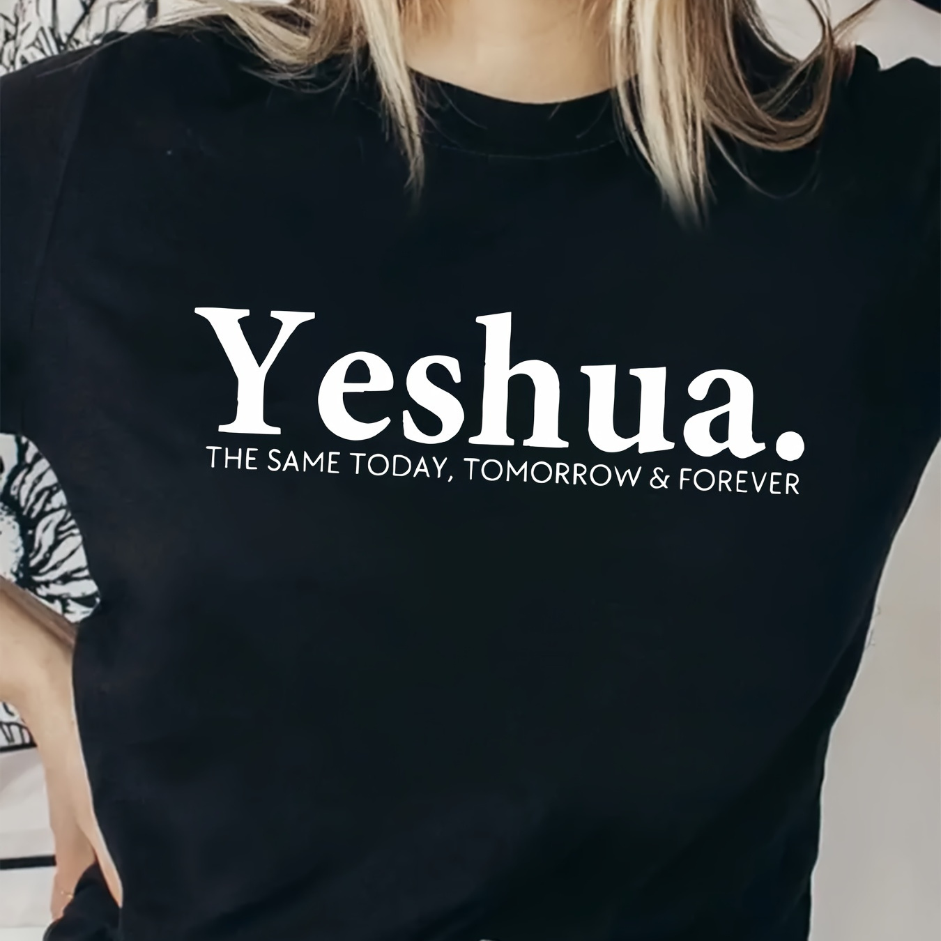 

Yeshua Print Crew Neck T-shirt, Short Sleeve Casual Top For Summer & Spring, Women's Clothing