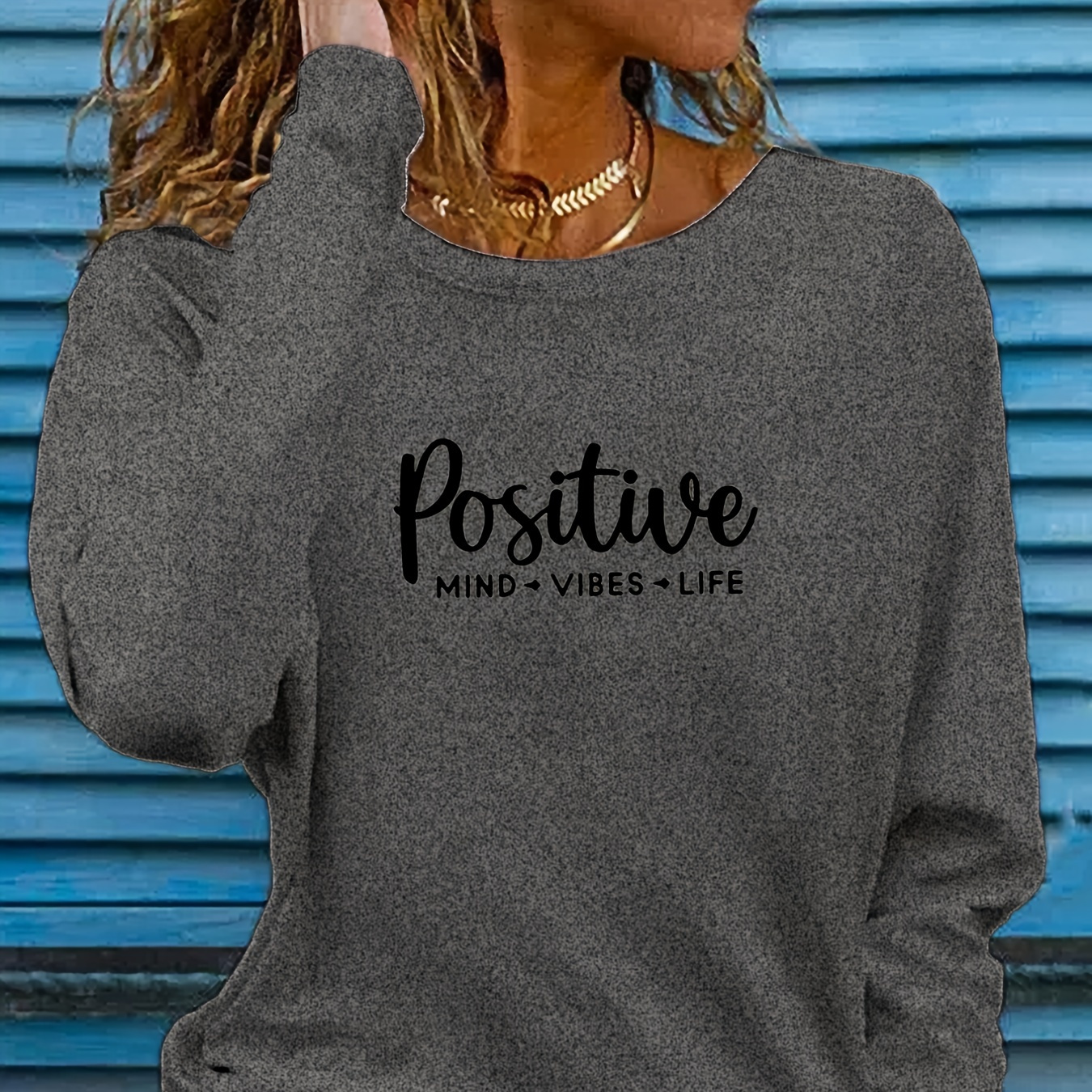

Positive Print Long Sleeve T-shirt, Casual Crew Neck Top For Fall & Spring, Women's Clothing