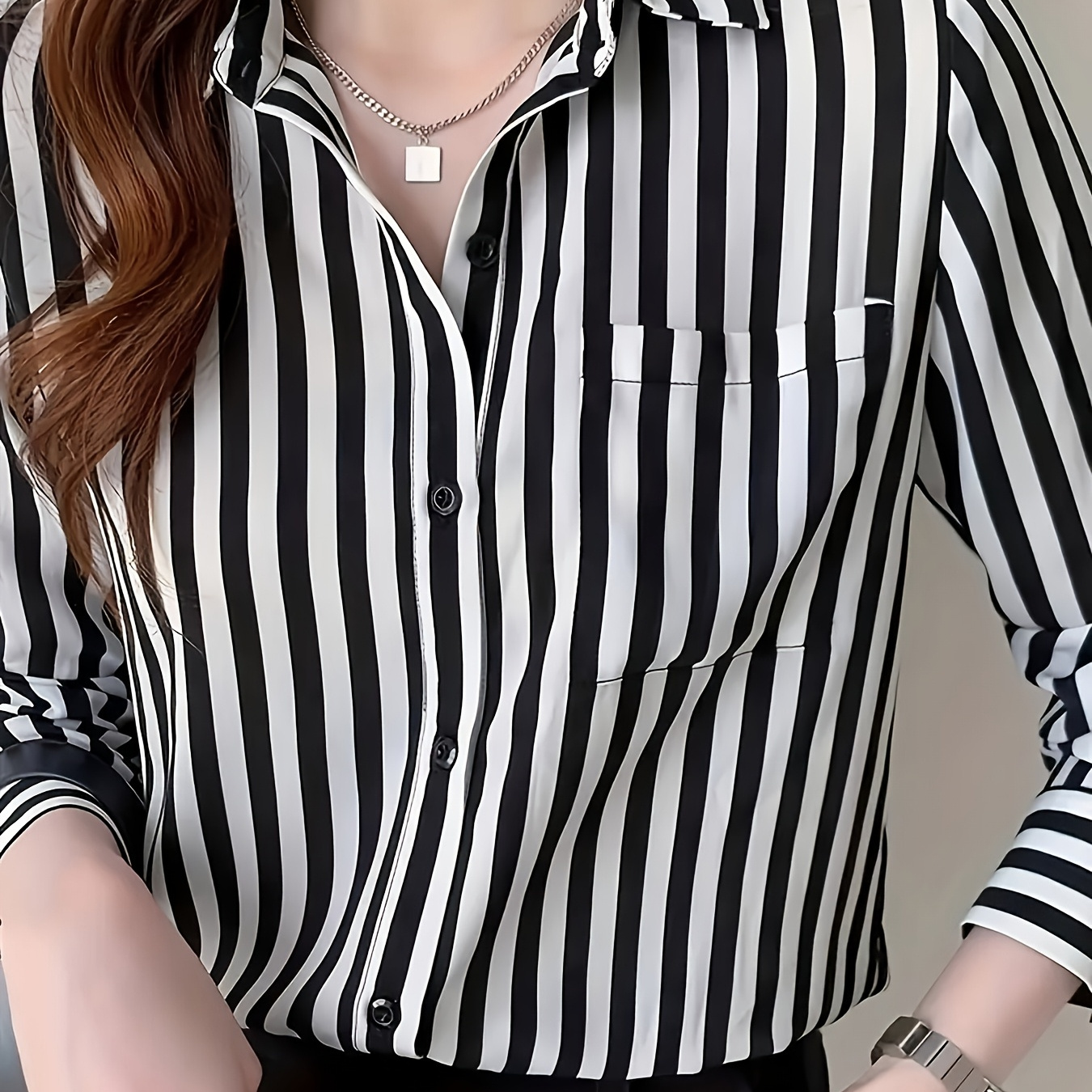 

Women's Casual Striped Button-up Shirt - Long Sleeve, Collared, Polyester , Machine Washable