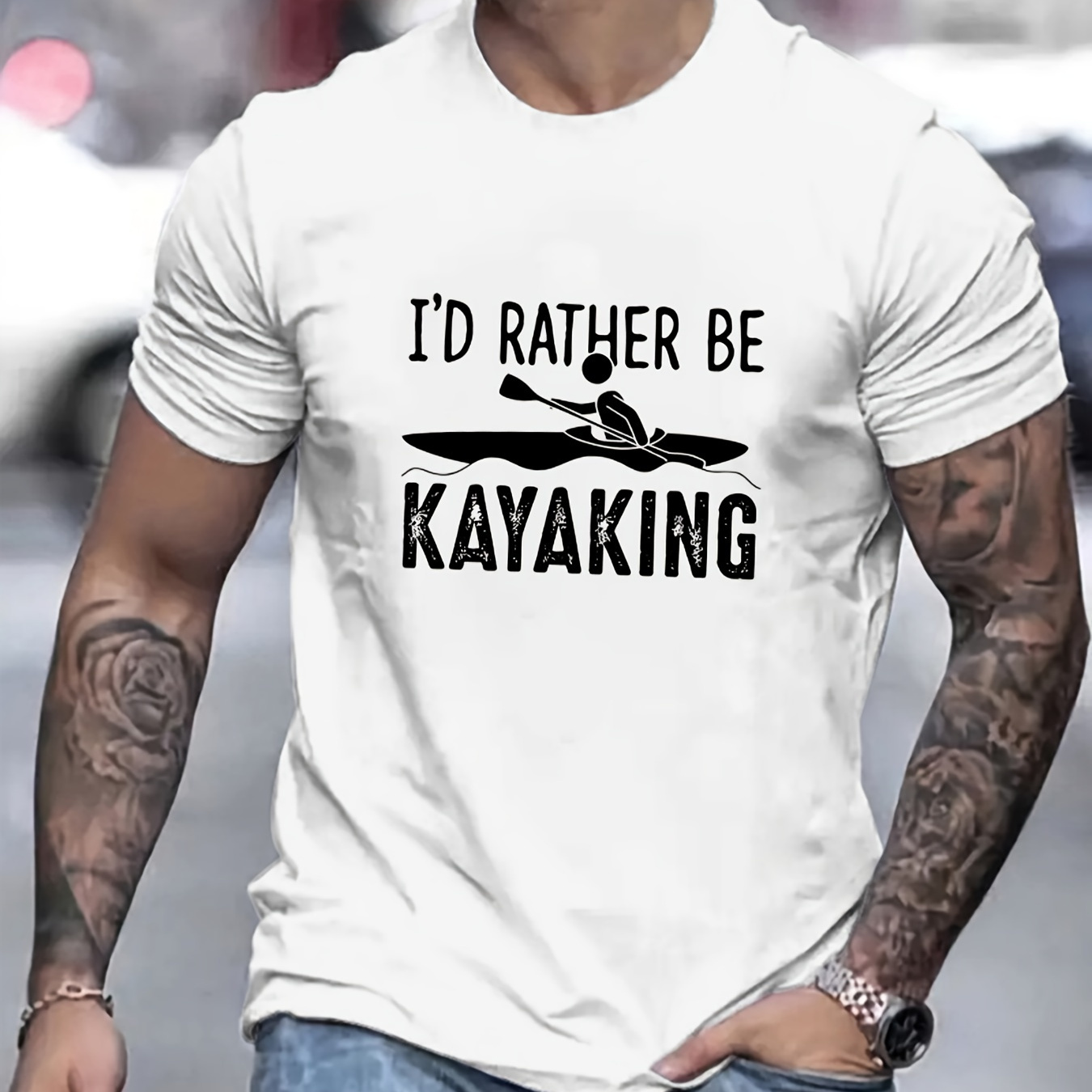 

I'd Rather Be Kayaking Print T Shirt, Tees For Men, Casual Short Sleeve T-shirt For Summer