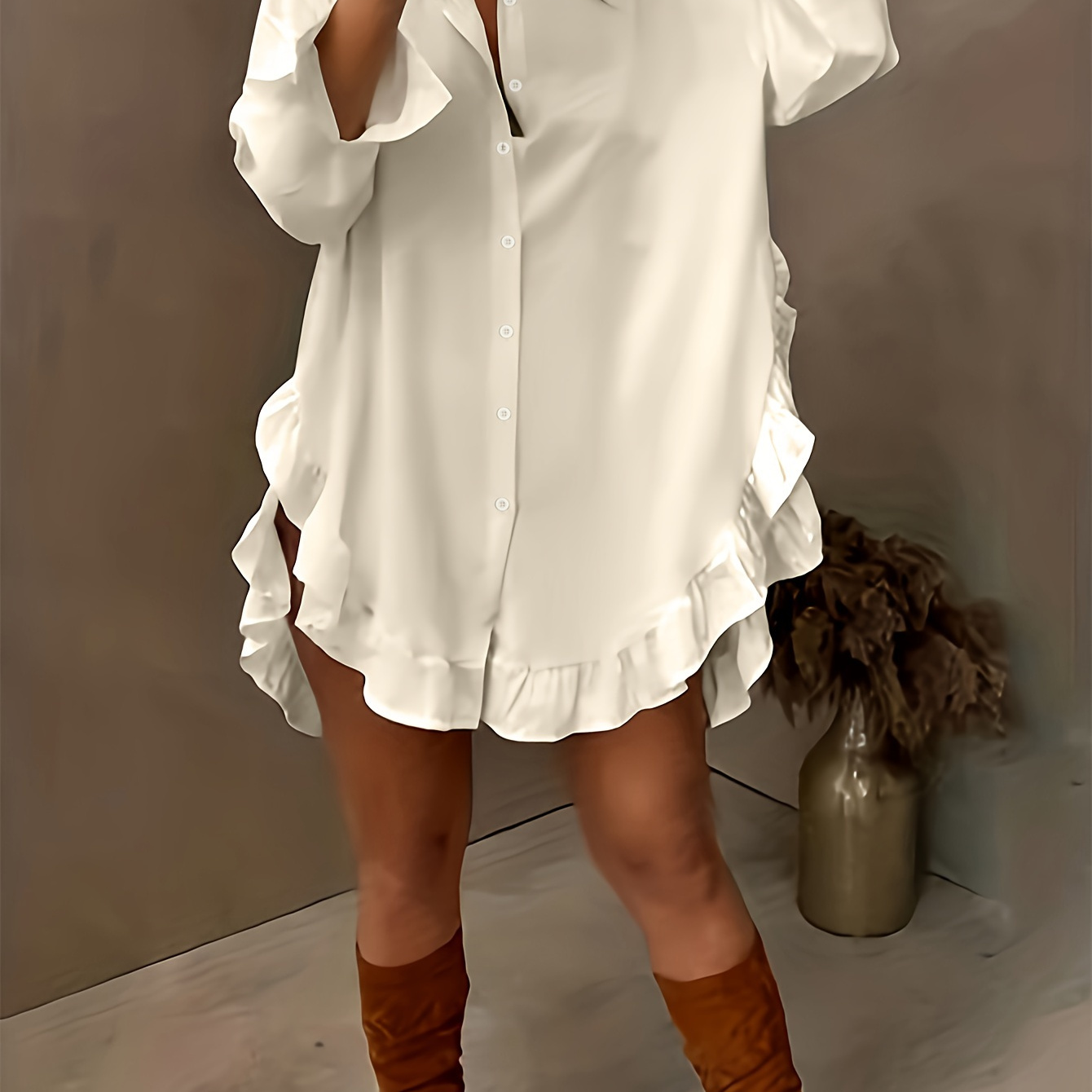 

Plus Size Ruffle Trim Collared Blouse, Casual Long Sleeve Blouse For Spring & Fall, Women's Plus Size Clothing