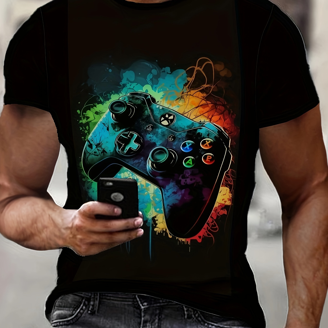 

T-shirt graphique pour homme avec imprimé de manette de jeu, t-shirt à col rond à manches courtes, vêtements pour homme pour l'été en plein air