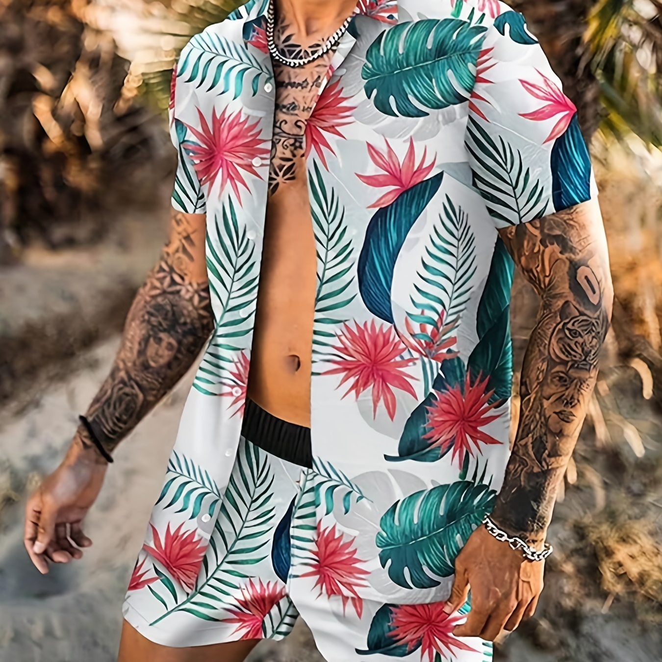 Vacation Clothing, Men's Hawaiian Style Leaf & Flowers Print Lapel Collar Shirt Shorts Set For Summer, Best For Vacation, Plus Size