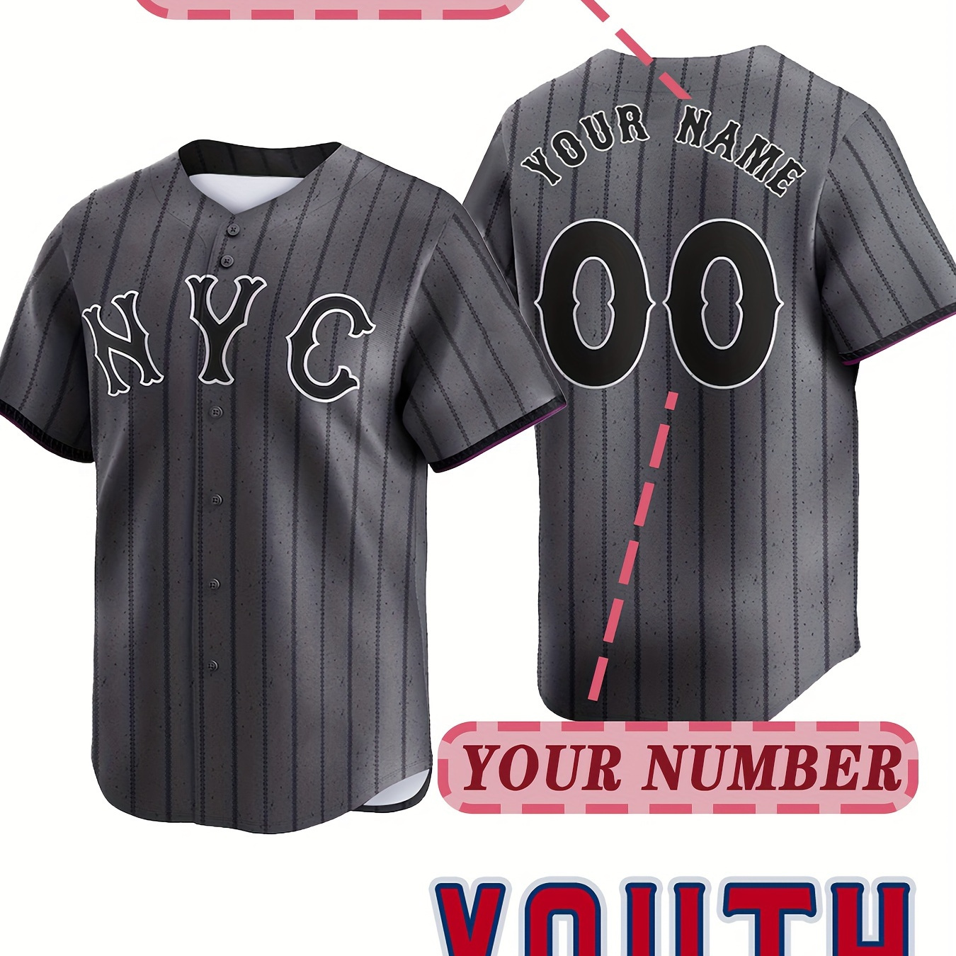 

Boy's Personalized Baseball Jersey - Customizable Name And Number Embroidery - Nyc Print Short Sleeve V Neck Buttons T-shirt For Summer