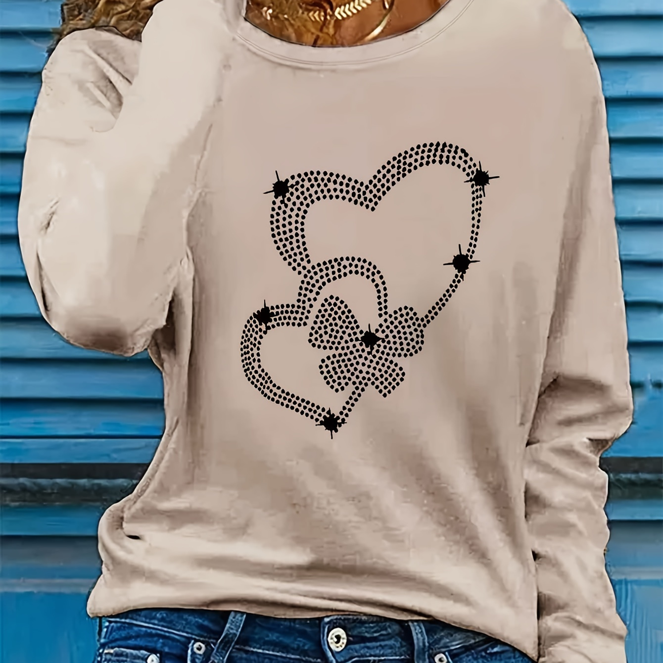 

Women's Long Sleeve Crew Neck T-shirt & Music Note Applique, Casual Knit Polyester Top, Stretch, Regular Sleeve, 180gsm - Fall/