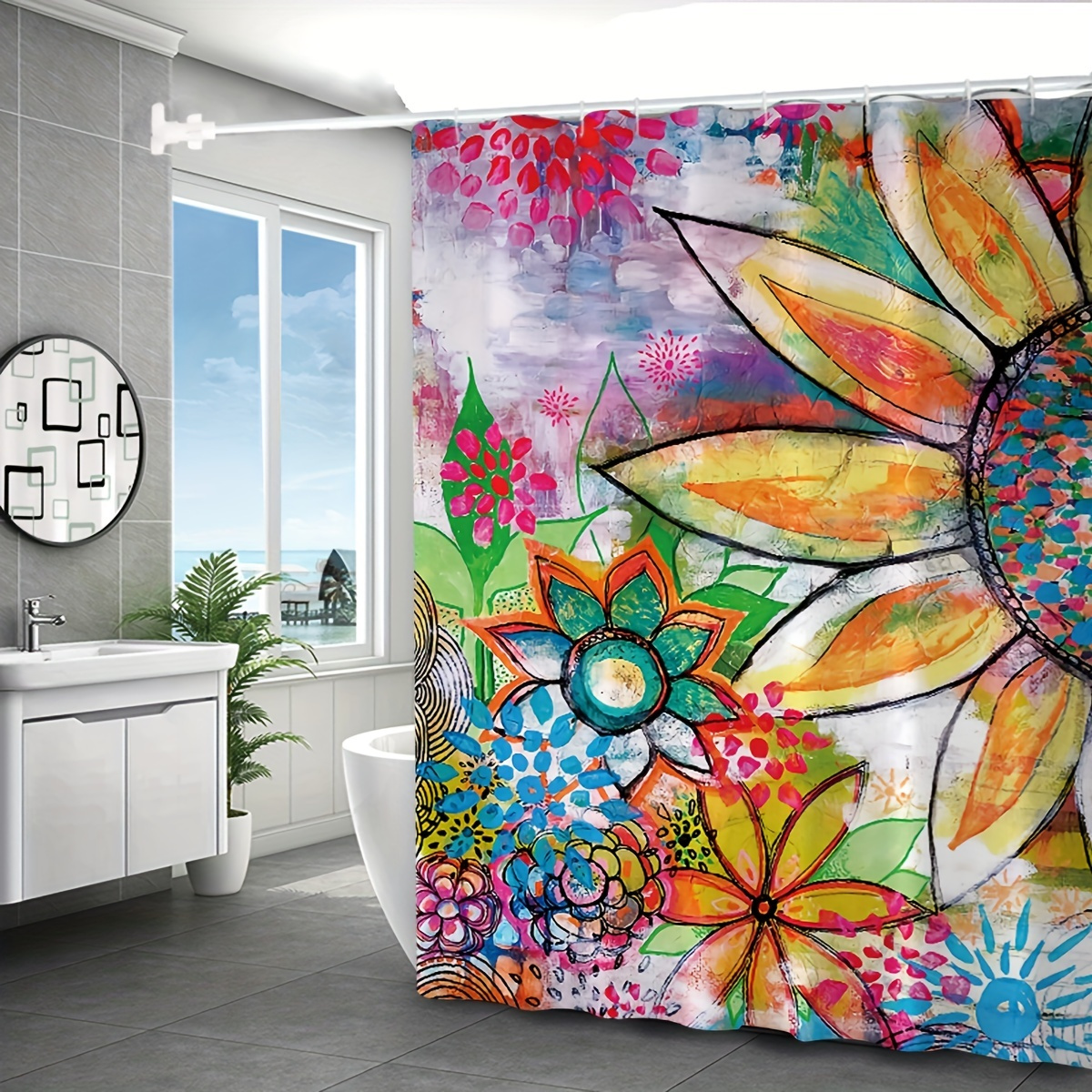 

1pc Waterproof And Mildew-proof Colorful Flower Shower Curtain For Bathroom Decor
