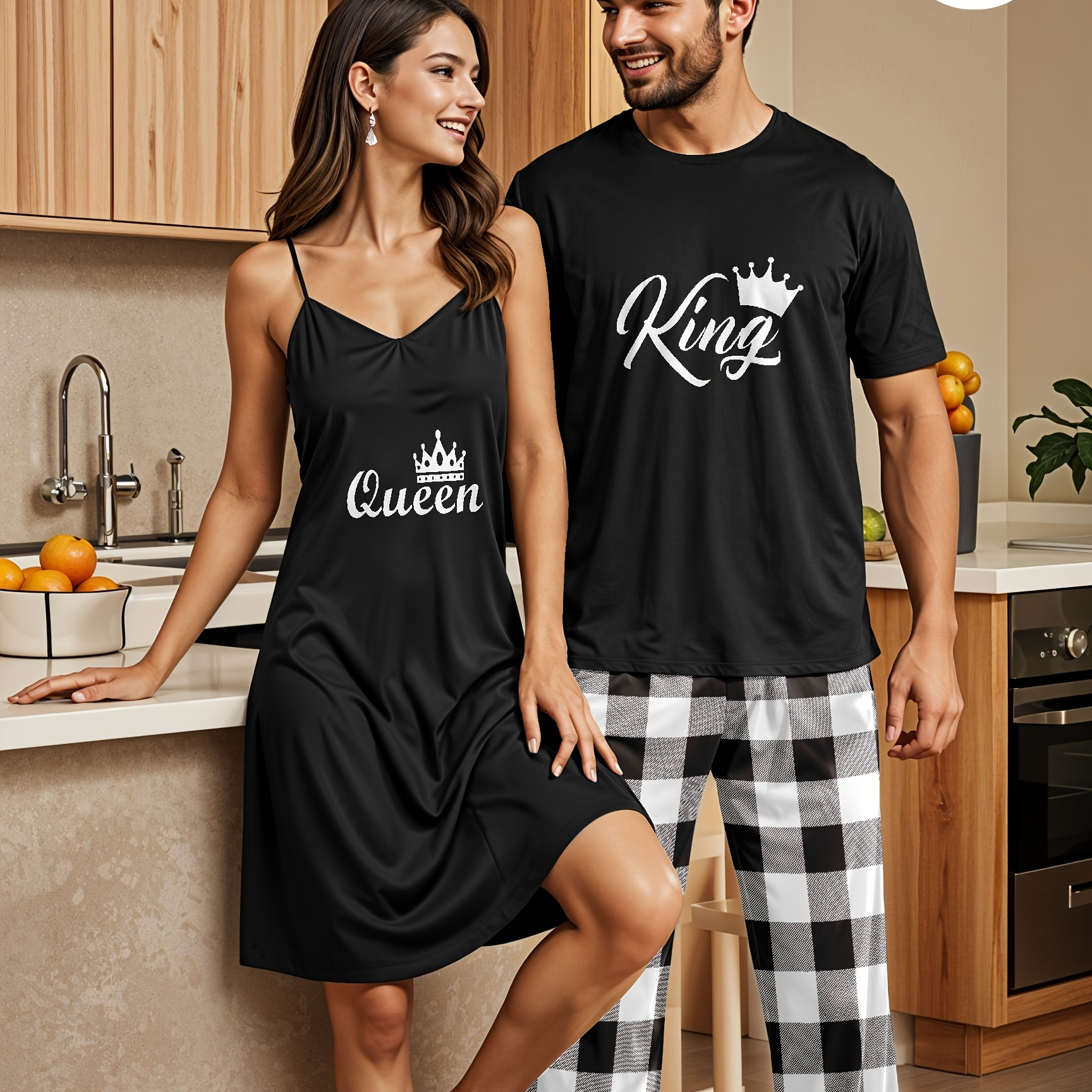 

Men' & Queen Printed Pajama Set, Black Crew Neck T-shirt & Checkered Pants, 97% Polyester 3% Elastane, Medium Stretch Knit Fabric, Regular Fit, /m² - Loungewear