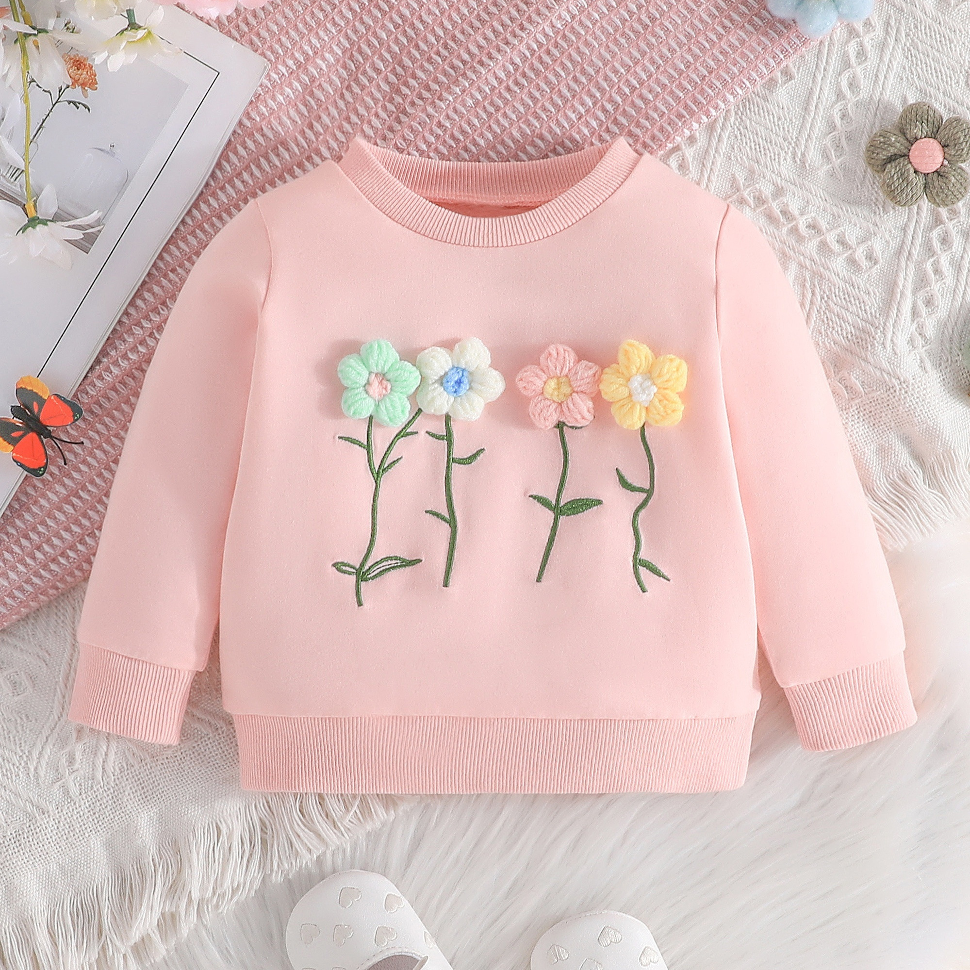 

Baby Girls Long Sleeve Flower Embroidered Round Neck Casual Pullover Top For Spring And Autumn