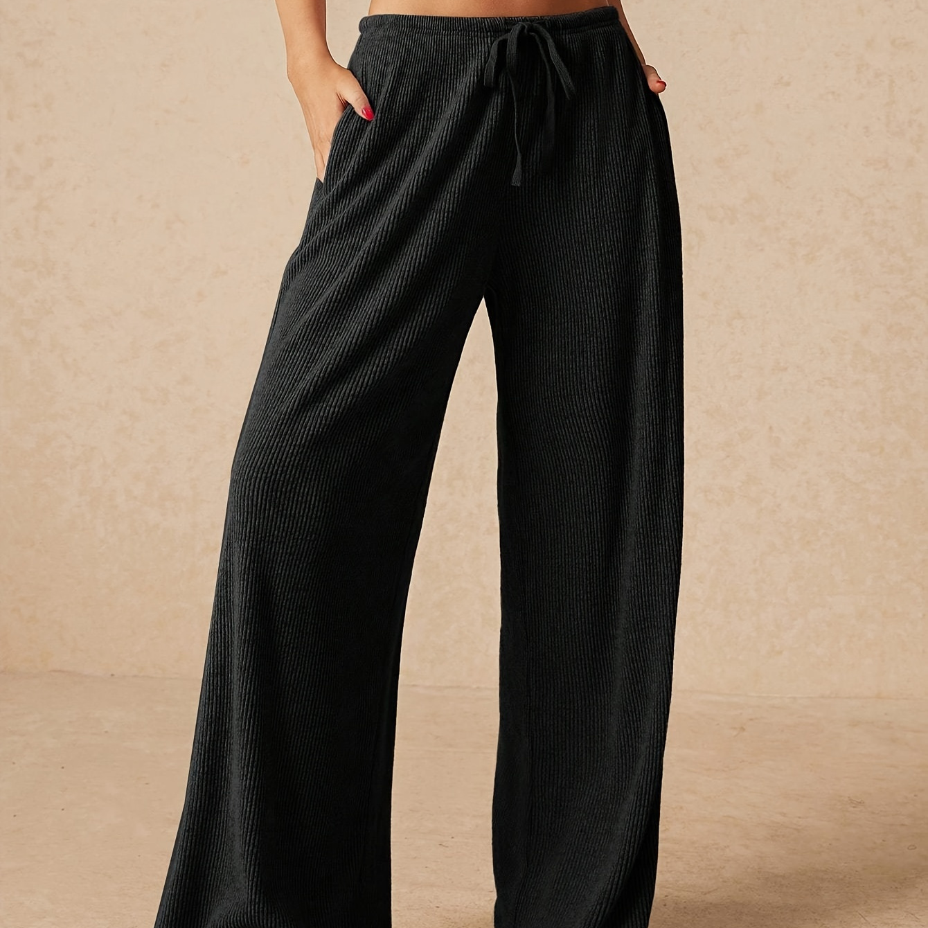 

Women's Chic Gray Wide-leg Pants With Drawstring Waist - Comfortable, Casual Loose-fit Trousers For All , Machine Washable, Plus Size Pants