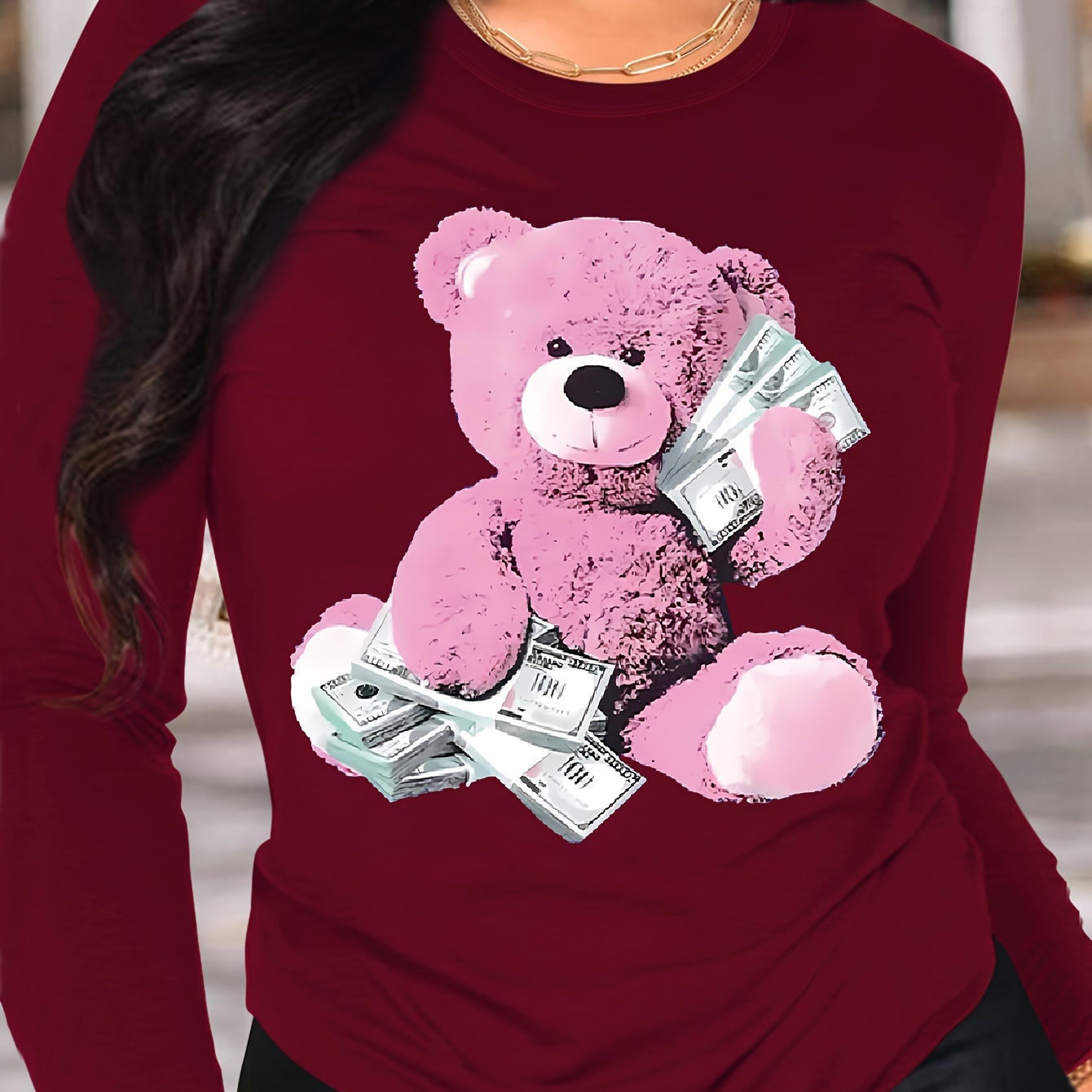 

Teddy Bear Print T-shirt, Long Sleeve Crew Neck Casual Top For Spring & Fall, Women's Clothing