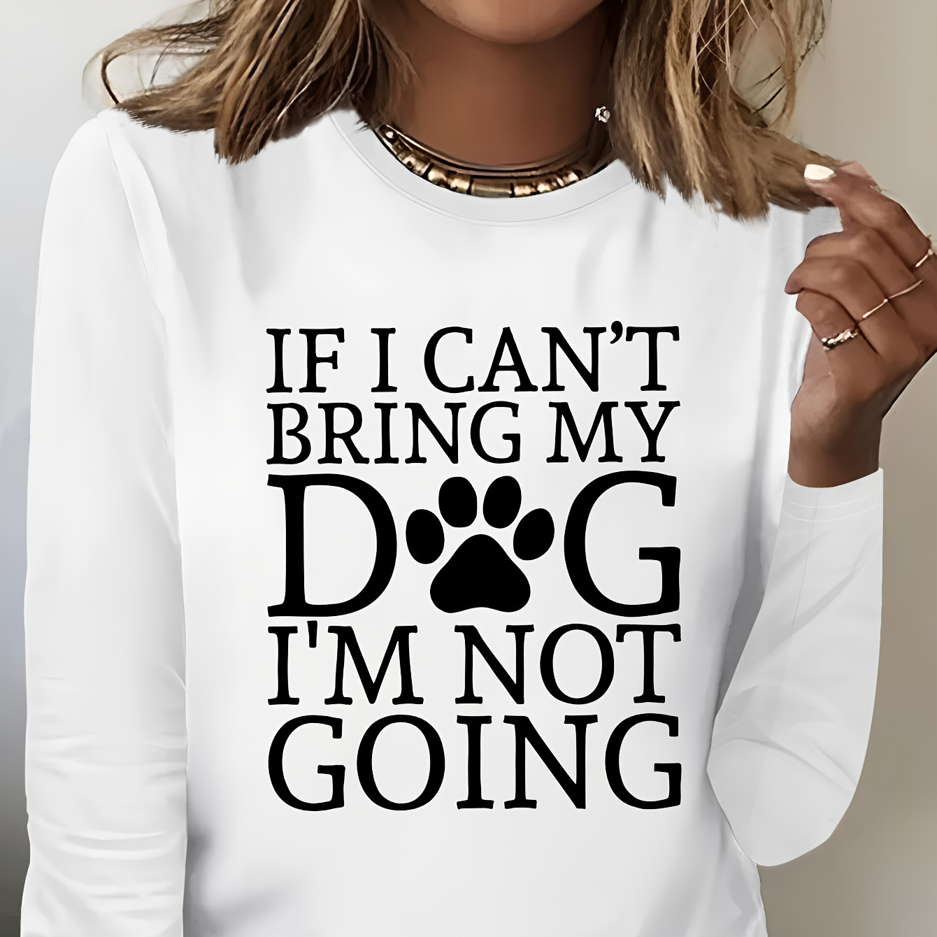 

Dog Paw & Letter T-shirt, Crew Neck Long Sleeve Top For Spring & Fall, Women's Clothing