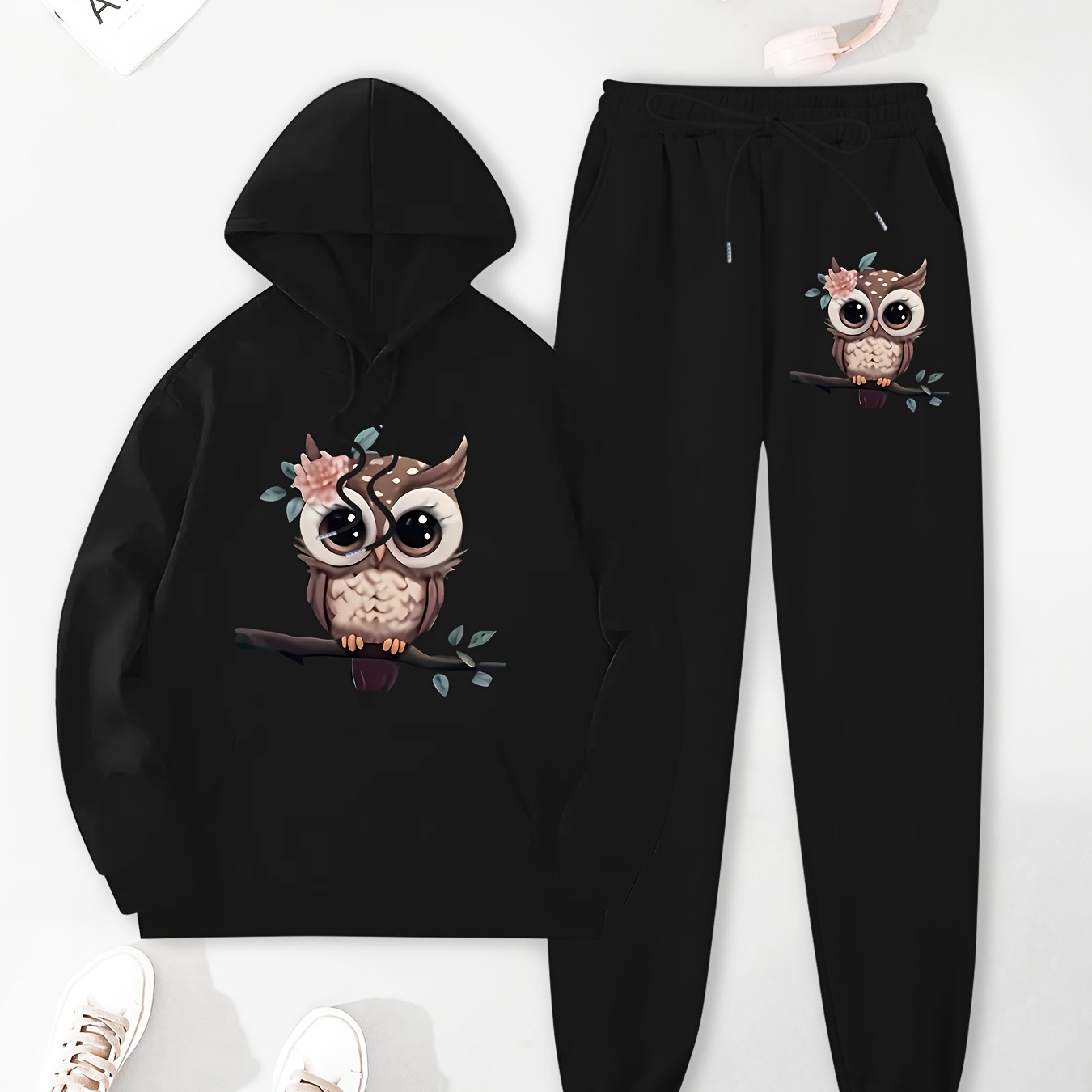 

Women's Owl Print Hoodie & Joggers Set - Casual Long Sleeve With Pockets, Polyester , Machine Washable - Fall/winter, 2024 New, Pharmacist