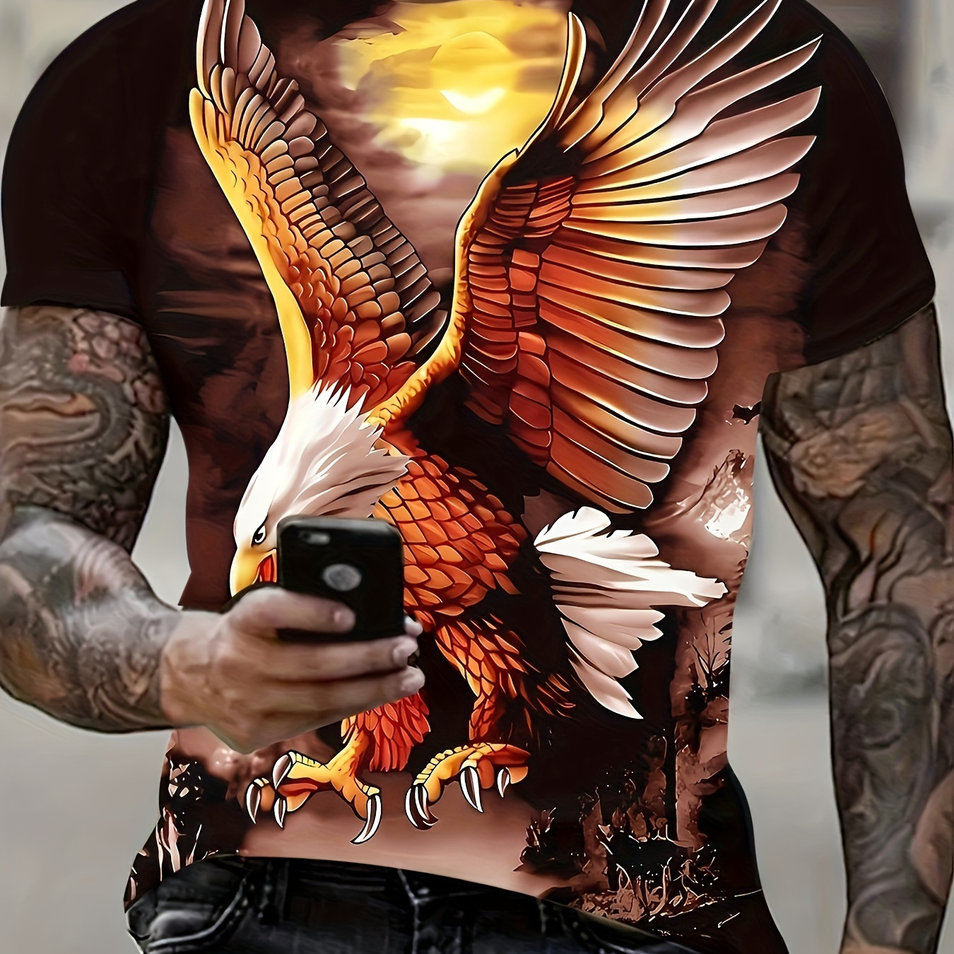 

Eagle & Wolf 3d T-, Streetwear , Round , Summer For Men, Suitable For Running, , And