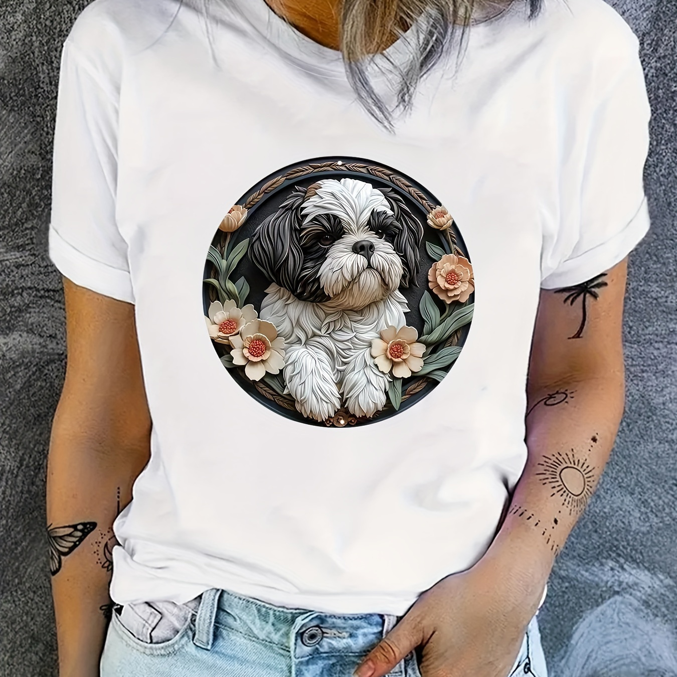 

Three-dimensional Puppy Print T-shirt, Short Sleeve Crew Neck Casual Top For Summer & Spring, Women's Clothing