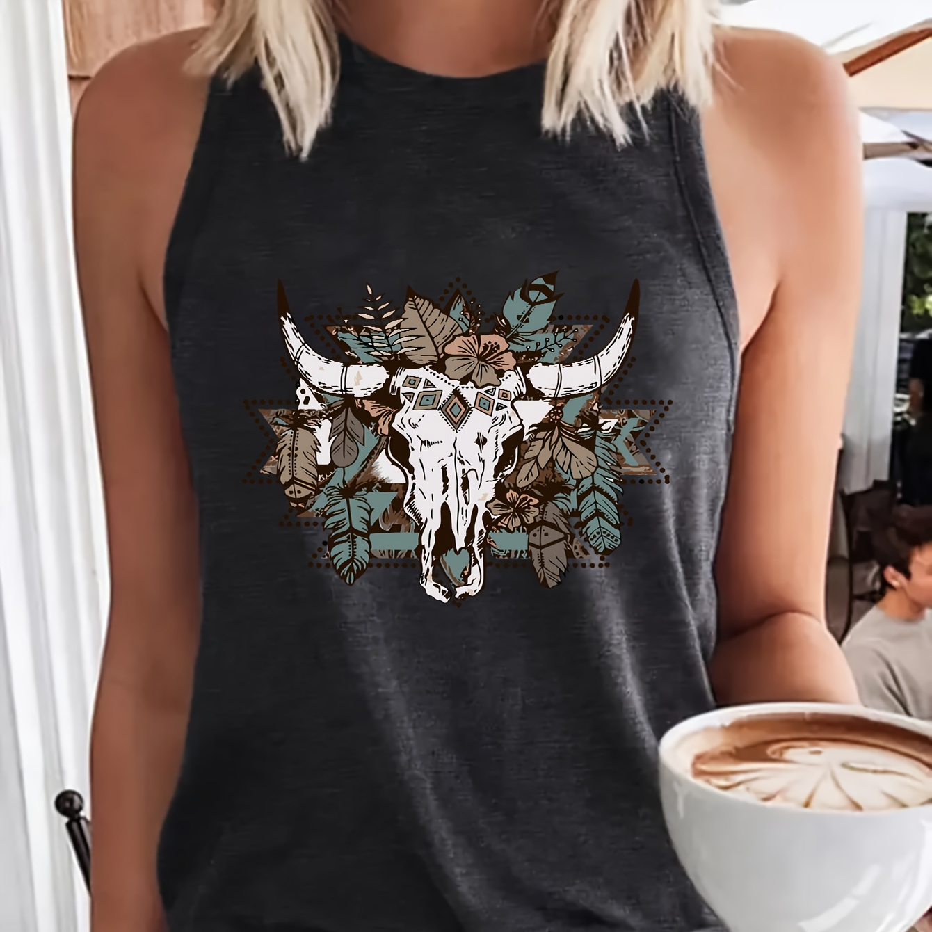 

Cow Skull & Plant Print Tank Top, Sleeveless Crew Neck Casual Top For Summer & Spring, Women's Clothing