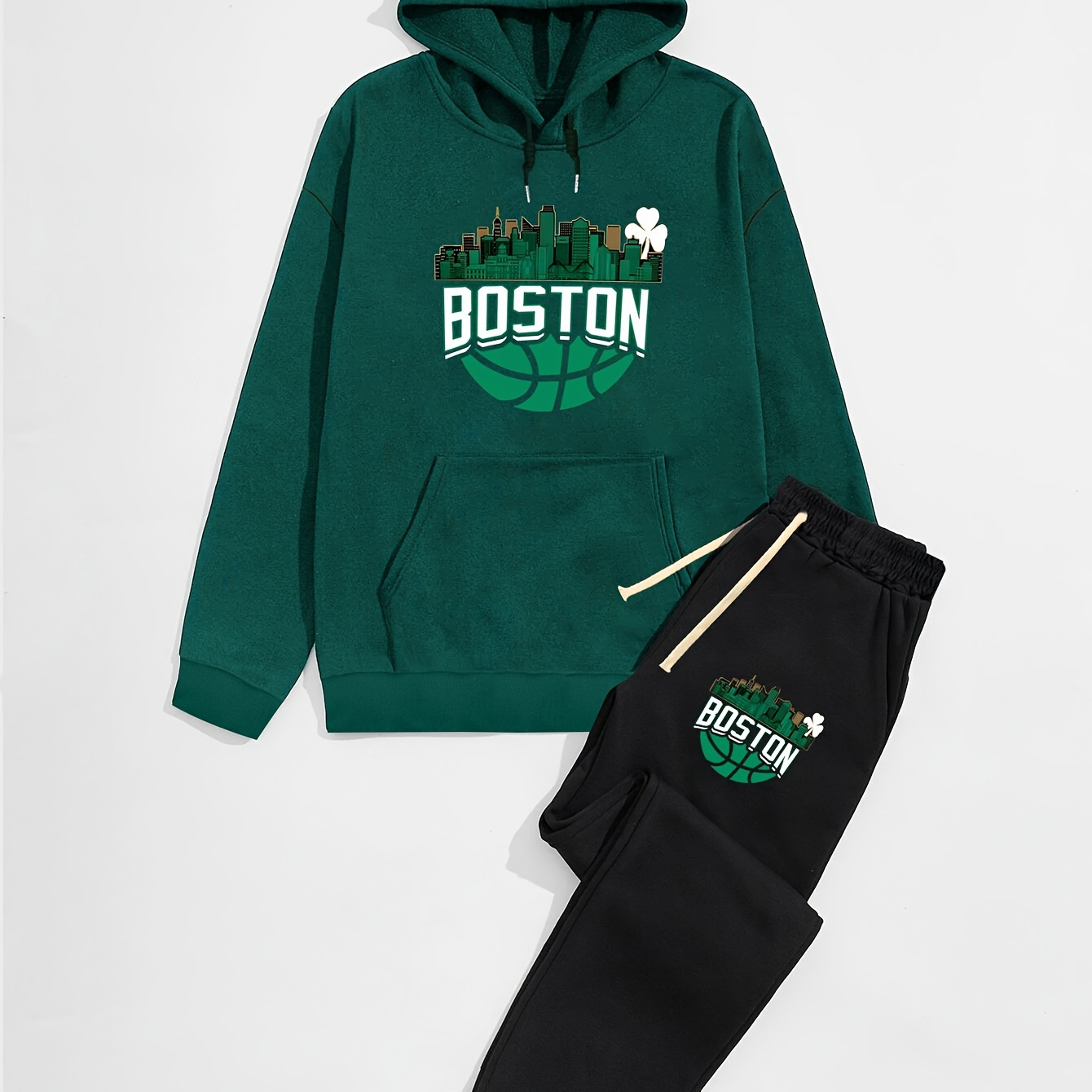 

Boston Themed Loose Fit Hooded Sweatshirt And Drawstring Pocket Pants Set, Polyester Sports Style Knit Fabric Sweatsuit With Cartoon Print, All-season Slight Stretch Hoodie And Joggers 2-piece Outfit