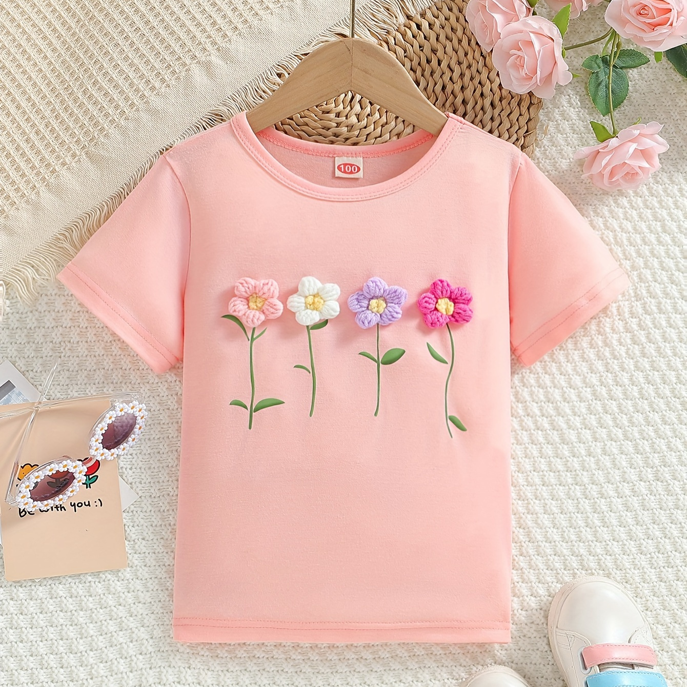 

Sweet Flower Decor Short Sleeve T-shirt Top For Girls Summer Party Outdoor