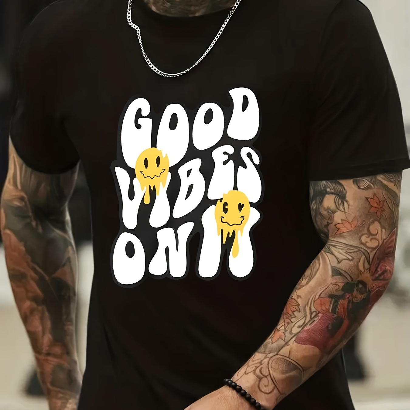 

Graffiti Only And Happy Face Graphic Print, Men's Novel Graphic Design T-shirt, Casual Comfy Tees For Summer, Men's Clothing Tops For Daily Activities