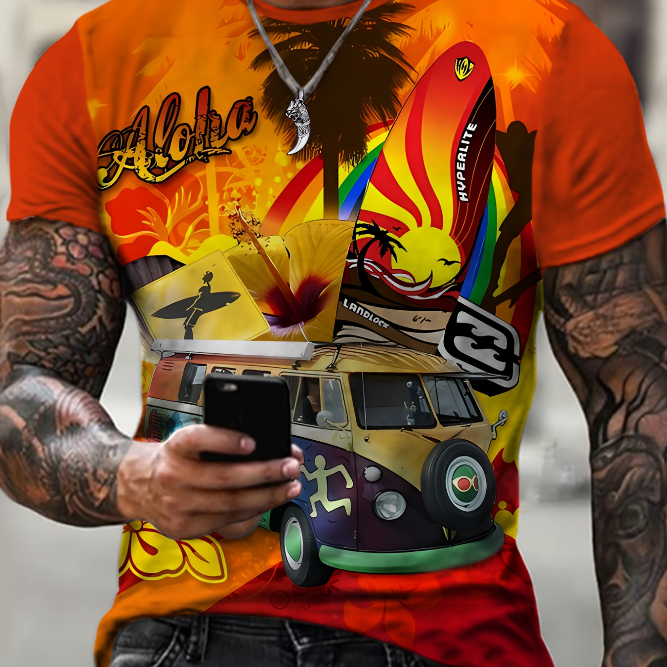 

Men's Vibrant Aloha Surf Van Graphic Plus Size T-shirt, Fashionable Casual Travel-inspired Tee, Colorful Summer Top