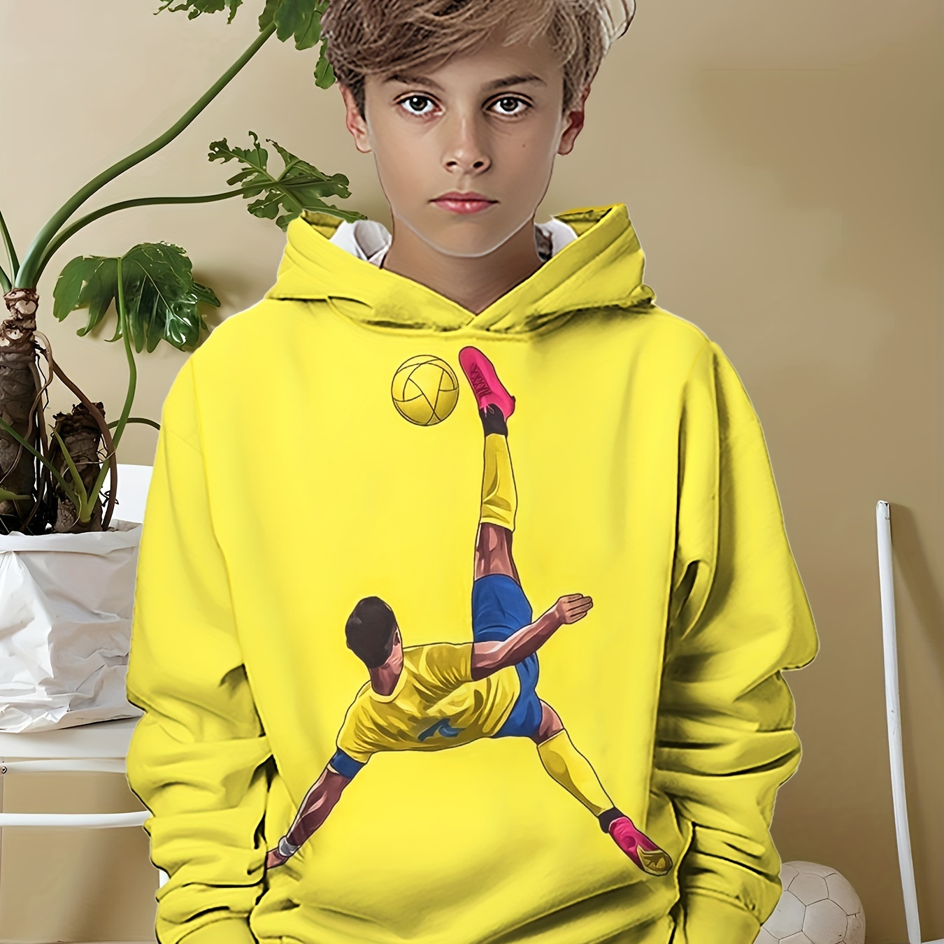 

Boys' Cool Soccer Print Hoodie - Casual Long Sleeve Pullover With Kangaroo Pocket, Spring & Fall