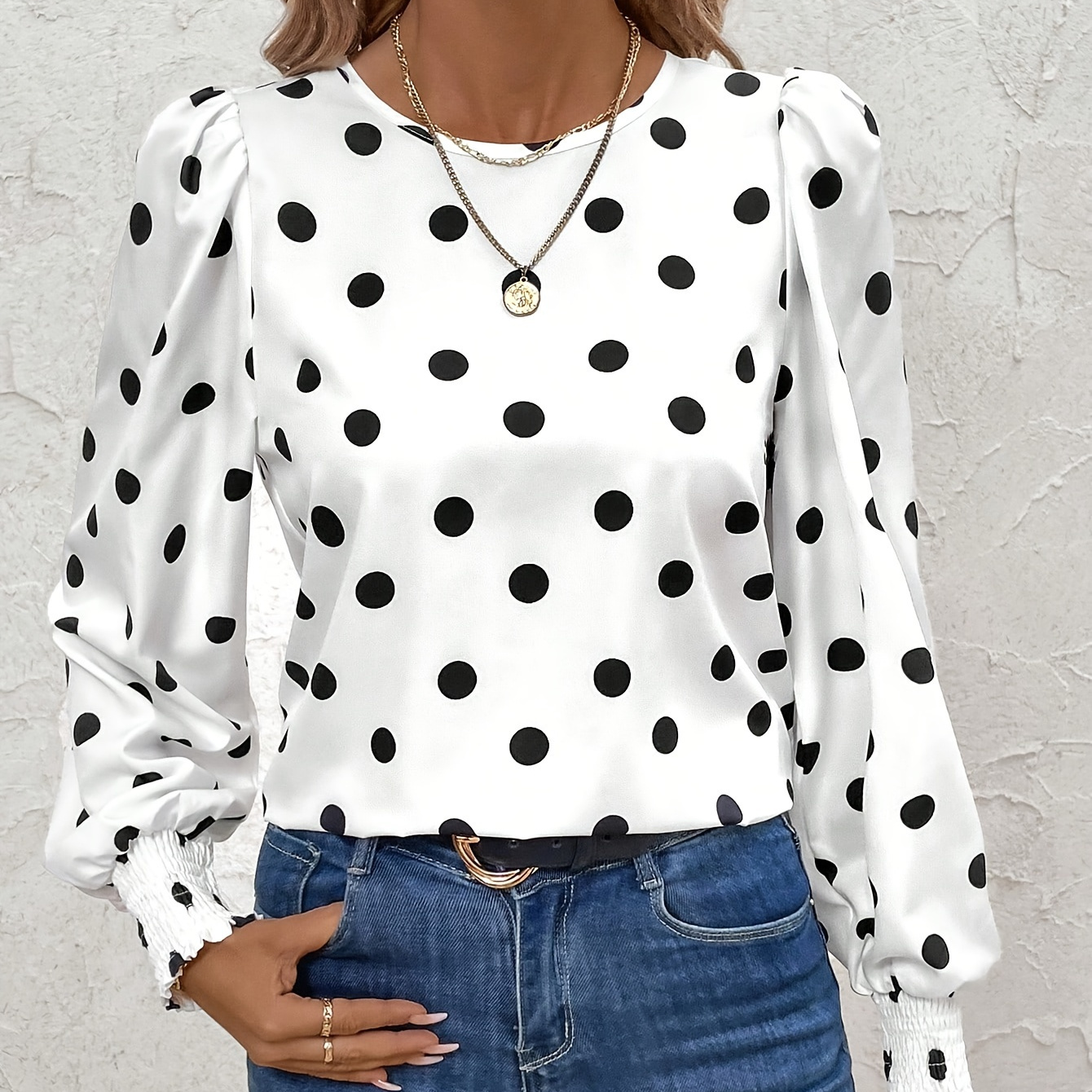 

1pc Elegant Polka Dot Blouse For Women, Polyester Crew Neck Long Sleeve Top With Shirred , Woven Shirt