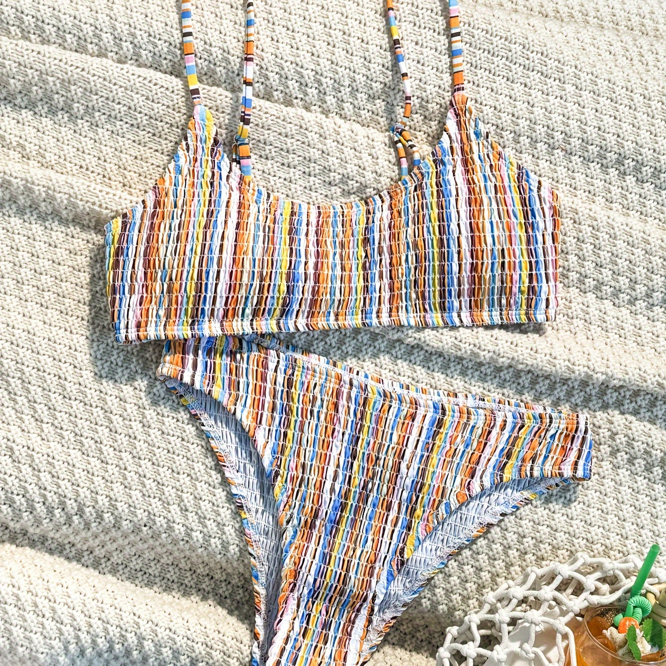 

Striped Print Smocked 2 Piece Set Bikini, Round Neck High Cut Sexy Swimsuits, Women's Swimwear & Clothing