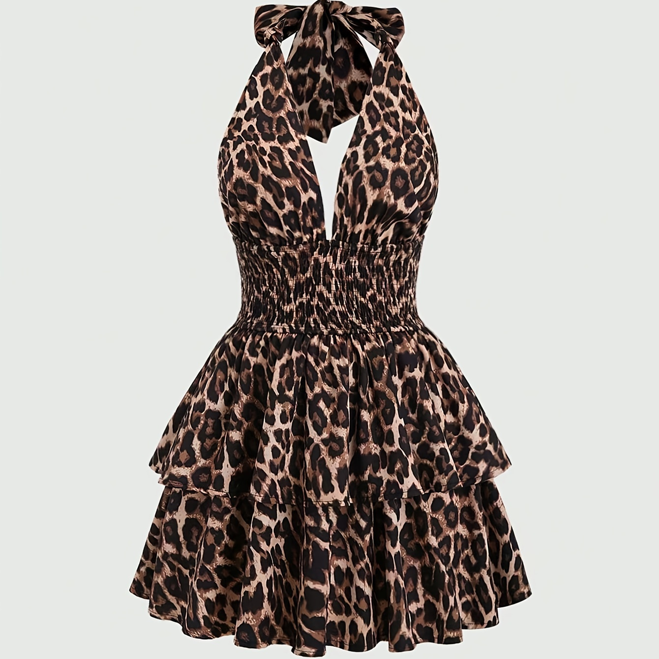 

Elegant Leopard Print Backless Dress With Bow Tie & Flowing Ruffle Neckline - Polyester, Machine Washable, A-line Silhouette For All , Leopard Print Dress