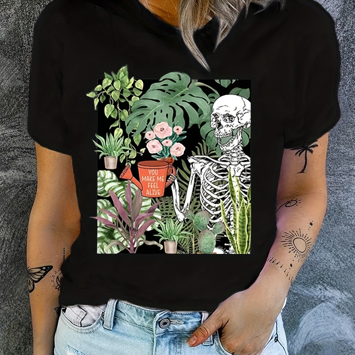 Plus Size Goth T-shirt, Women's Plus Skull & Floral Print Short Sleeve  Round Neck Medium Stretch T-shirt