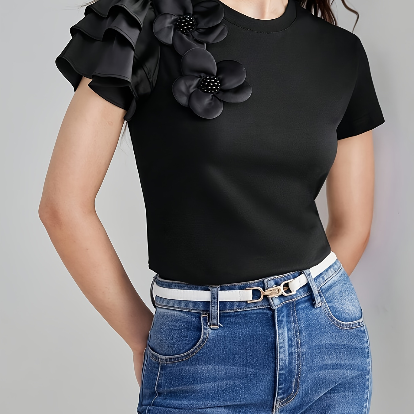 

Elegant With 3d Floral Detail - Layered Ruffle Sleeves, Round Neck, Polyester, Machine Washable - Chic For All