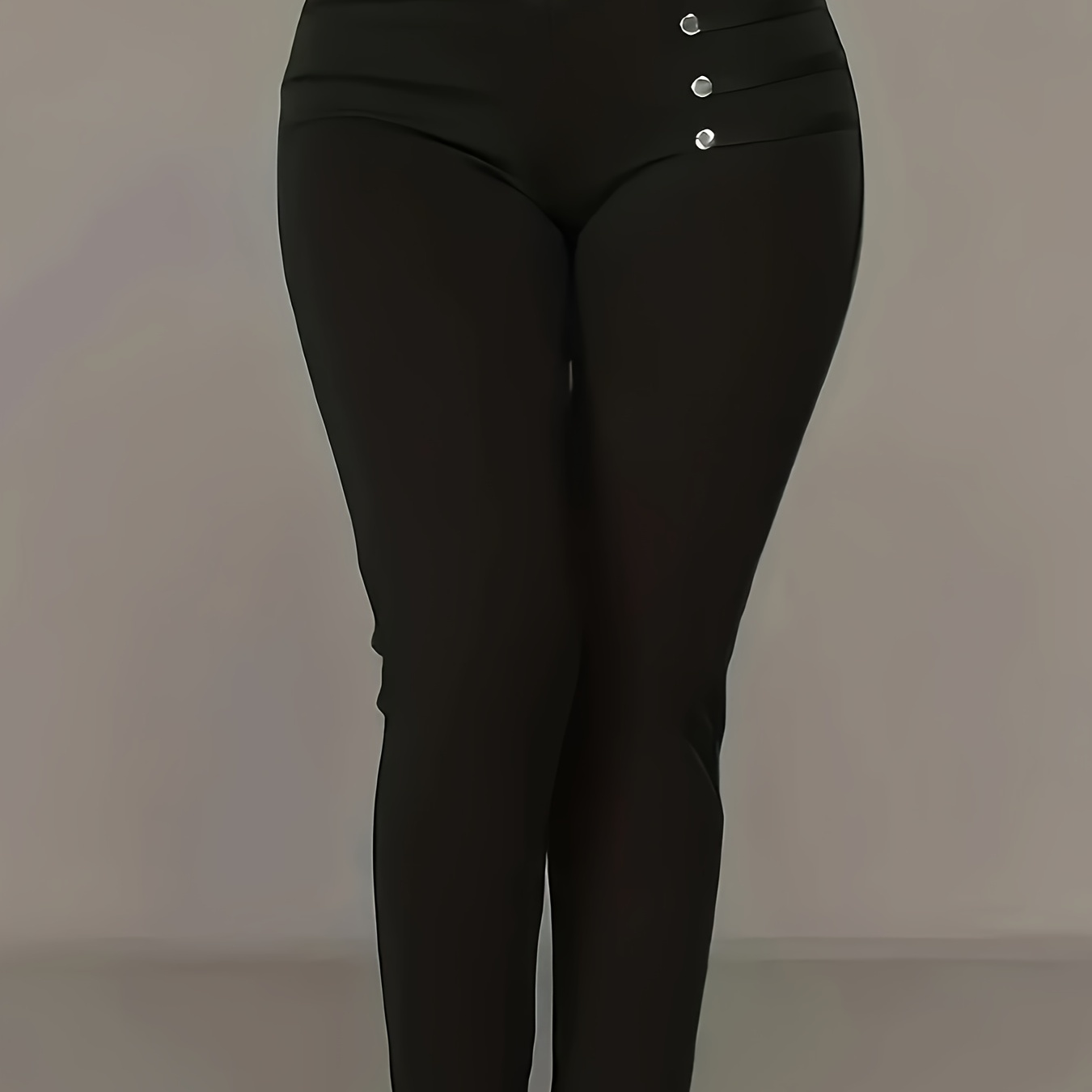 

Pantalon Skinny Élégant Grande Taille, Polyester Uni avec Élasthanne, Non Transparent, Tissu Tricoté, Détail de Boutonnière - Lavable en!Machine