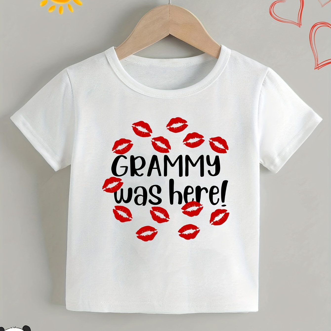 

Grammy Was Here & Lips Graphic Print Tee, Girls' Casual & Trendy Crew Neck Short Sleeve T-shirt For Spring & Summer, Girls' Clothes For Everyday Life