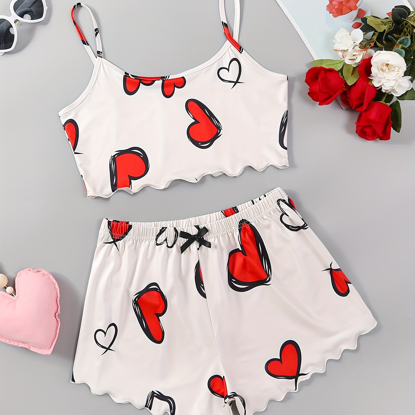 

Cute Heart Print Pajama Set, Lettuce Trim Round Neck Crop Cami Top & Elastic Shorts, Women's Sleepwear & Loungewear