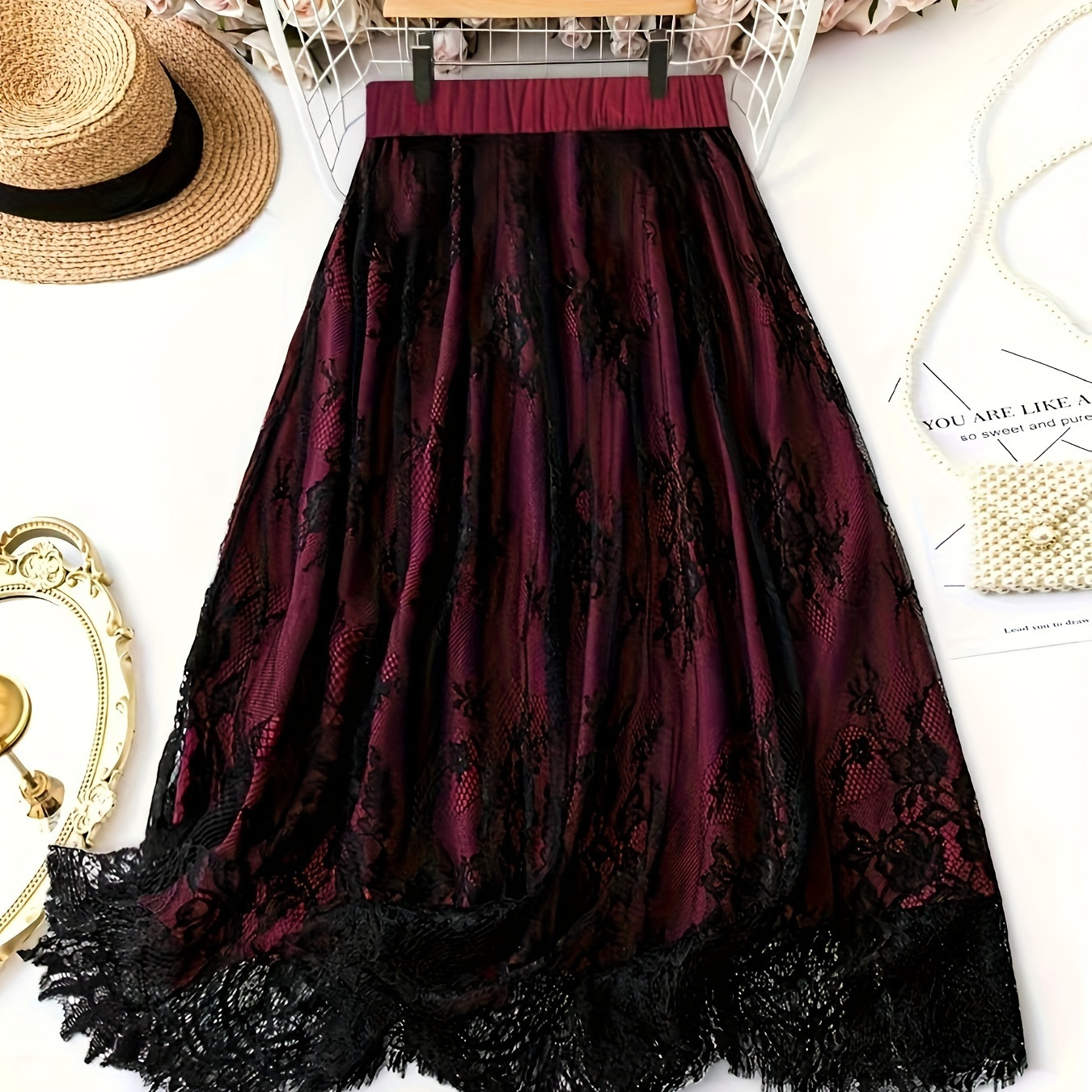 

Plus Size Contrast Lace Skirt, Elegant High Waist Skirt For Spring & Summer, Women's Plus Size Clothing