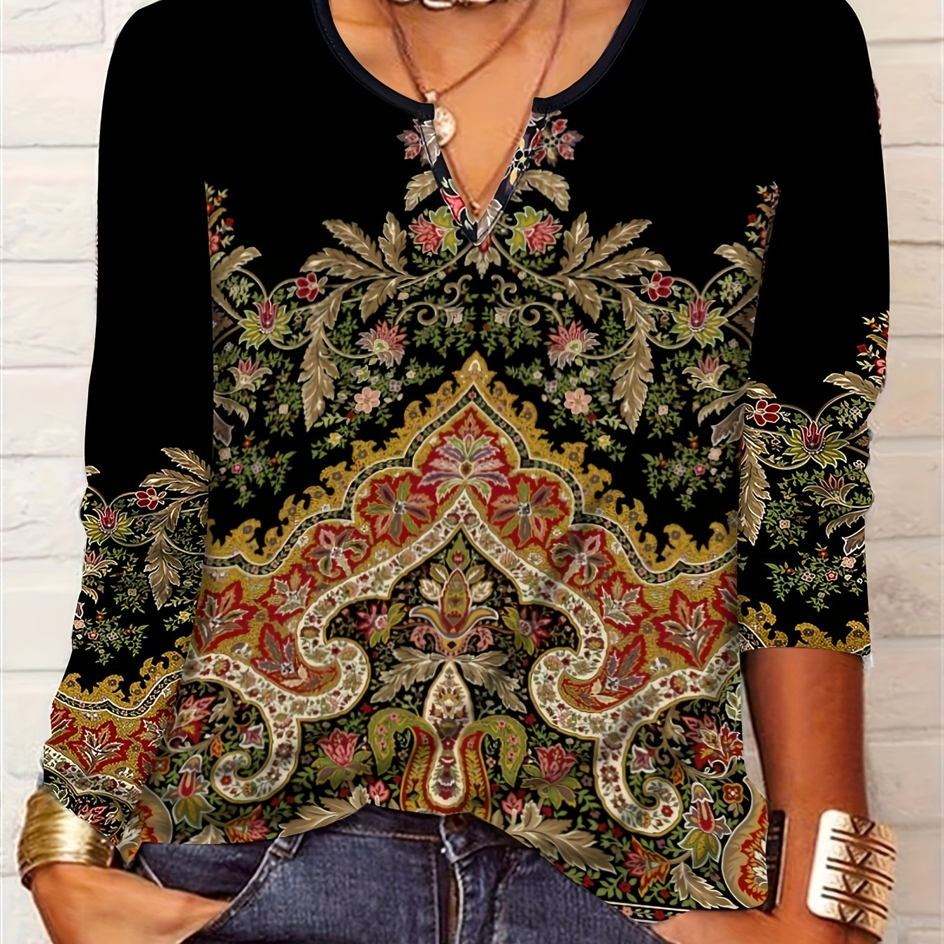 

Mandala Print Notch Neck T-shirt, Casual Long Sleeve T-shirt For Spring & Fall, Women's Clothing