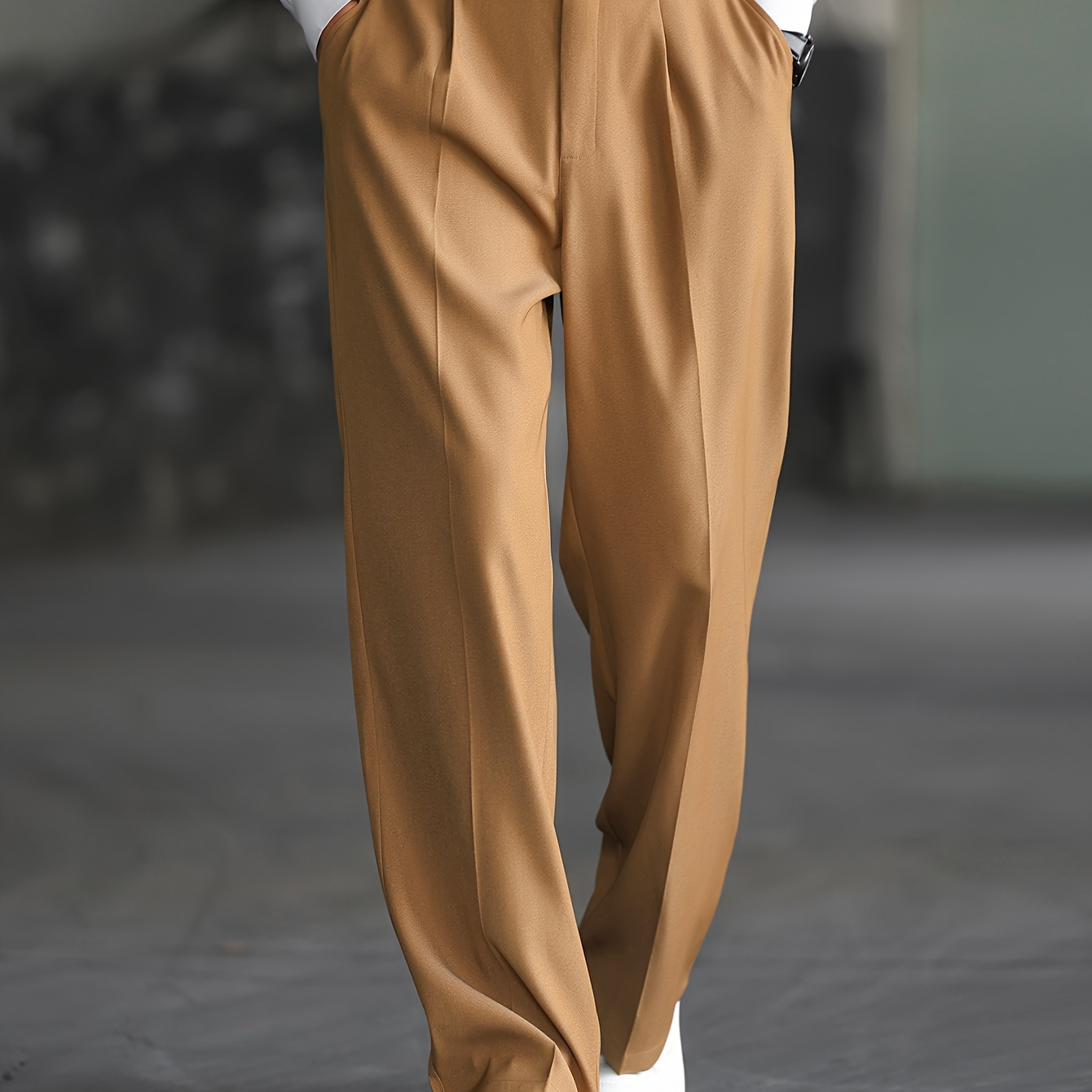 

1pc Men' Wide Leg Pants - Solid Color Polyester Non-stretch Fabric, Loose Fit With Button And Half Waistband, Regular Length, Woven Casual Trousers