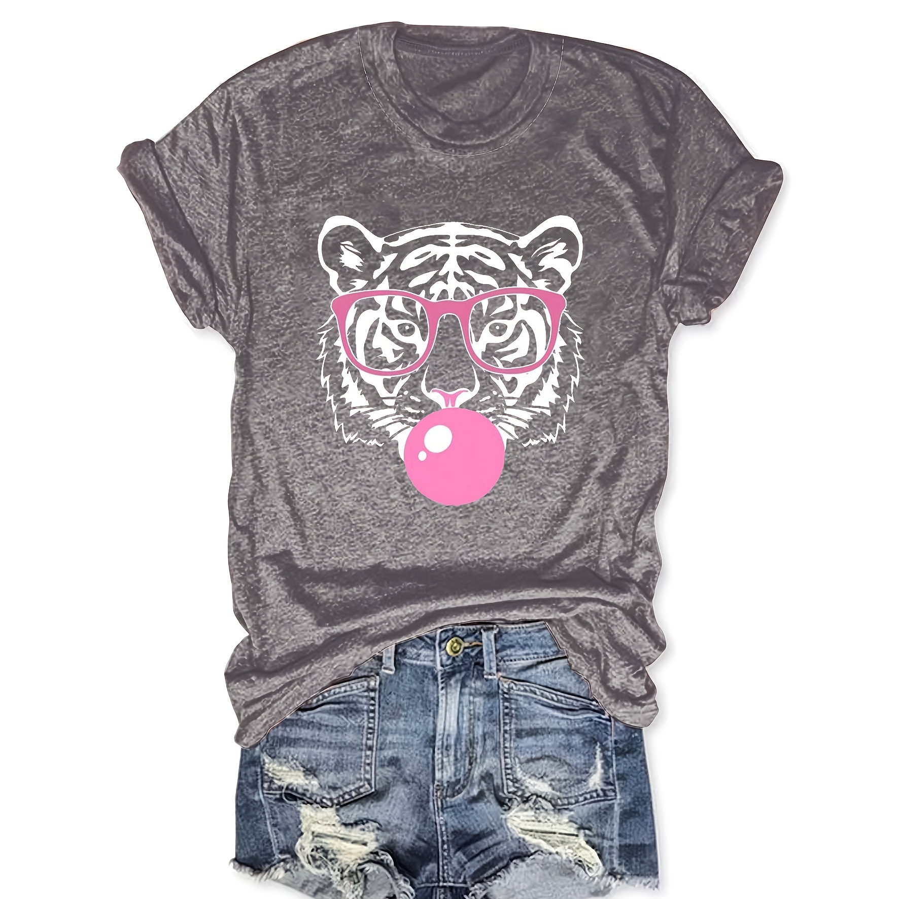 

Tiger Wearing Glasses Print Crew Neck T-shirt, Casual Short Sleeve T-shirt For Spring & Summer, Women's Clothing