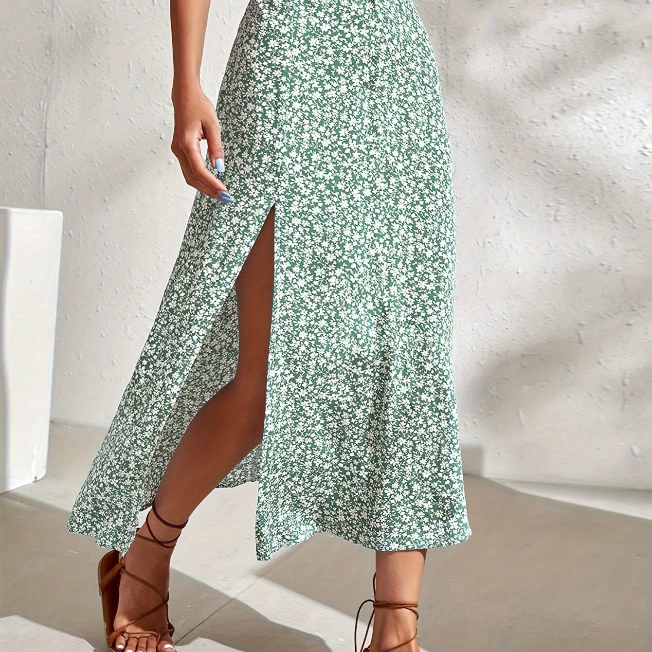 

Women's Floral Print High-waisted Midi Skirt With Thigh Slit – Lightweight Polyester, Spring/summer Fashion, Summer Fashion Skirt|floral Midi Skirt|polyester Fabric