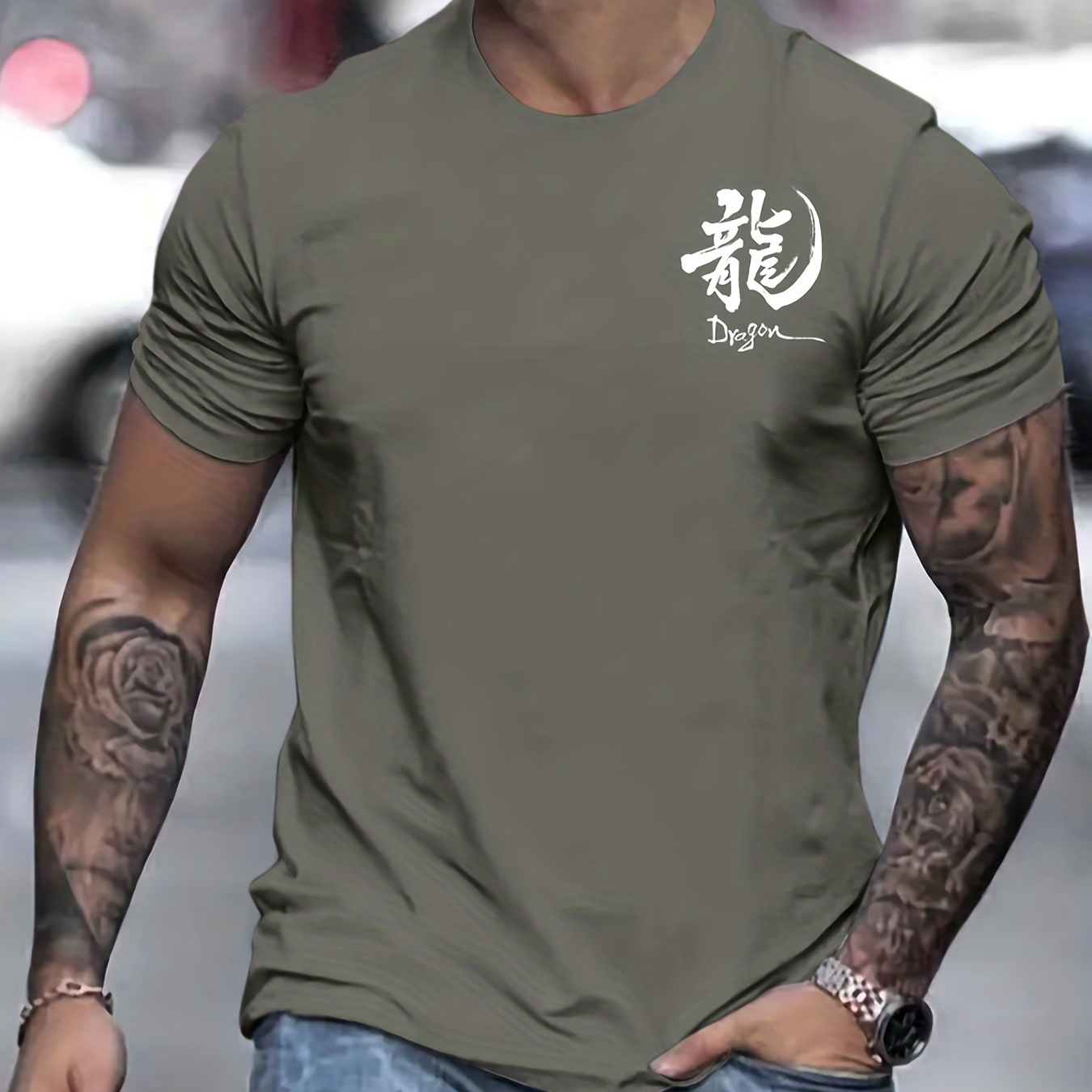 

Chinese Dragon Graphic Print Men's Creative Top, Casual Short Sleeve Crew Neck T-shirt, Men's Tee For Summer Outdoor