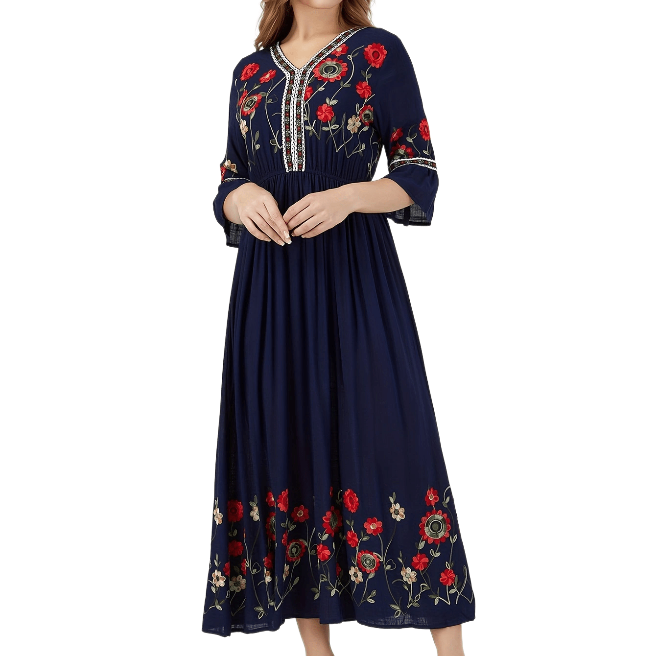 

Embroidered Cinched Waist A-line Dress, Young V Neck Dress For Spring, Women's Clothing