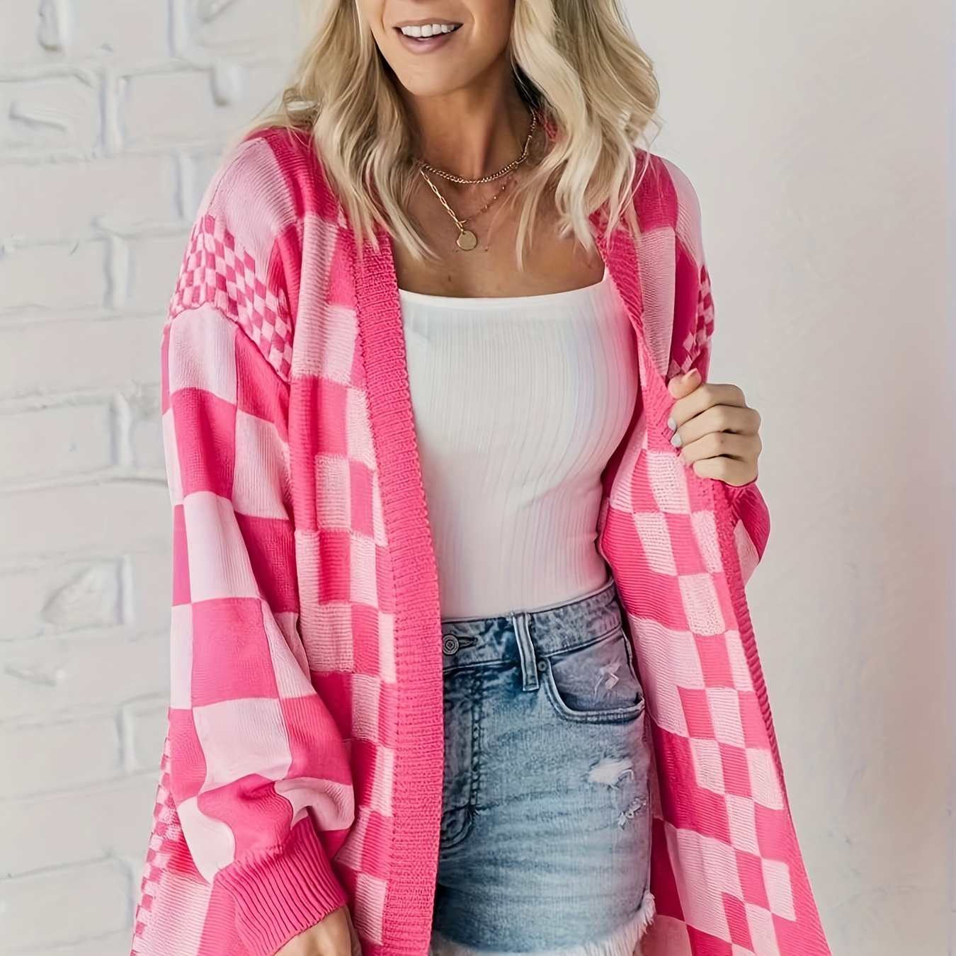 

Plus Size Checkerboard Pattern Open Front Cardigan, Casual Drop Shoulder Long Sleeve Knitted Cardigan, Women's Plus Size Clothing