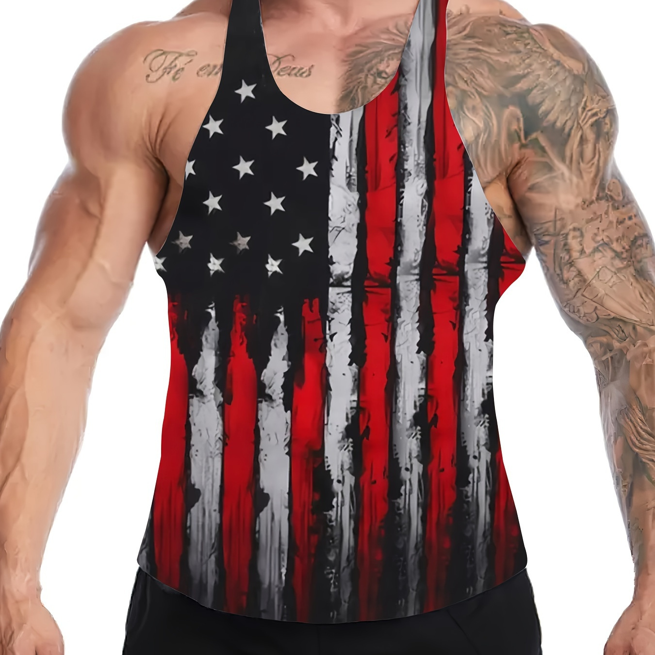 

American Flag Print Summer Men's Quick Dry Moisture-wicking Breathable Tank Tops, Athletic Gym Bodybuilding Sports Sleeveless Shirts, For Running Training, Men's Clothing