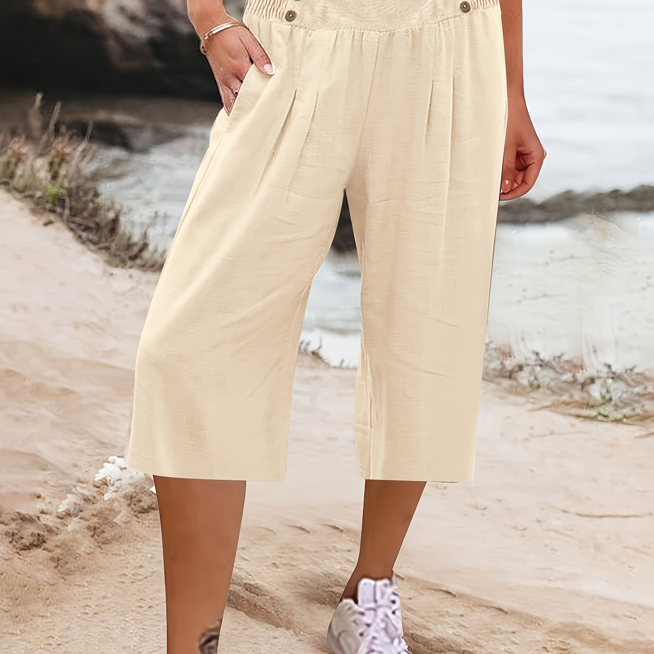 

Button Decor Wide Leg Capri Pants, Casual High Waist Loose Pants For Spring & Summer, Women's Clothing