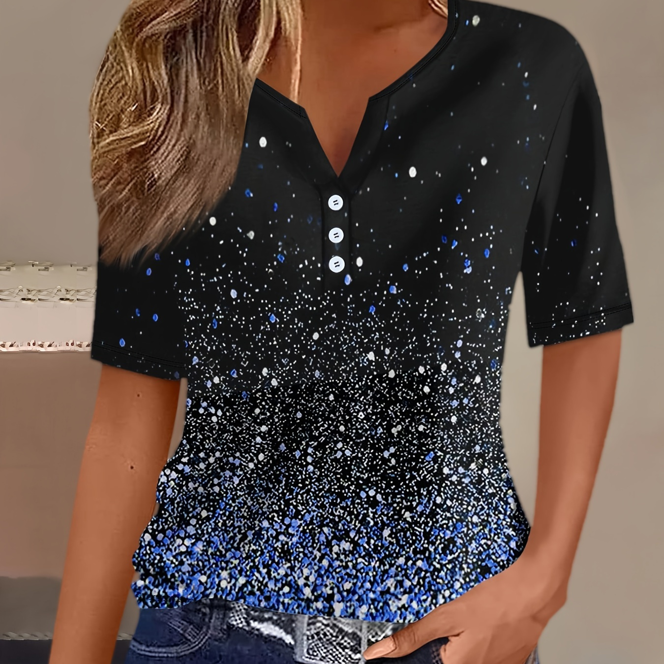 

Gradient Color Print Notch Neck T-shirt, Casual Short Sleeve Button T-shirt For Spring & Summer, Women's Clothing