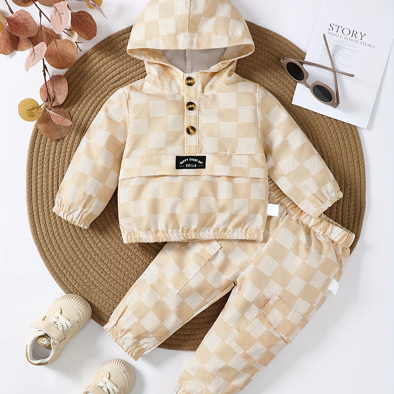 

2pcs Infant & Toddler's Checkerboard Pattern Long Sleeve Set, Button Decor Hoodie & Casual Pants, Baby Boy's Clothes