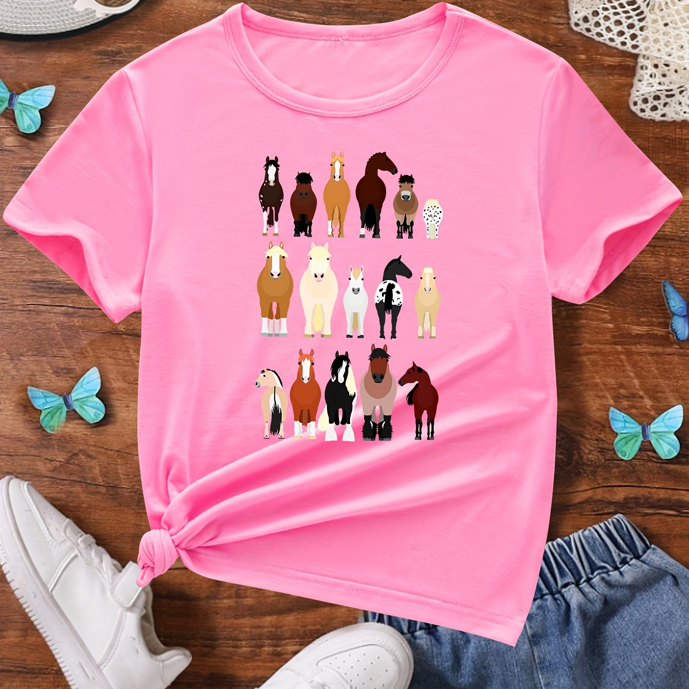 

Girls T-shirt With Cartoon Horse Print, Casual Comfort Crew Neck, Summer Tee, Various Playful Equine Designs, Relaxed Fit