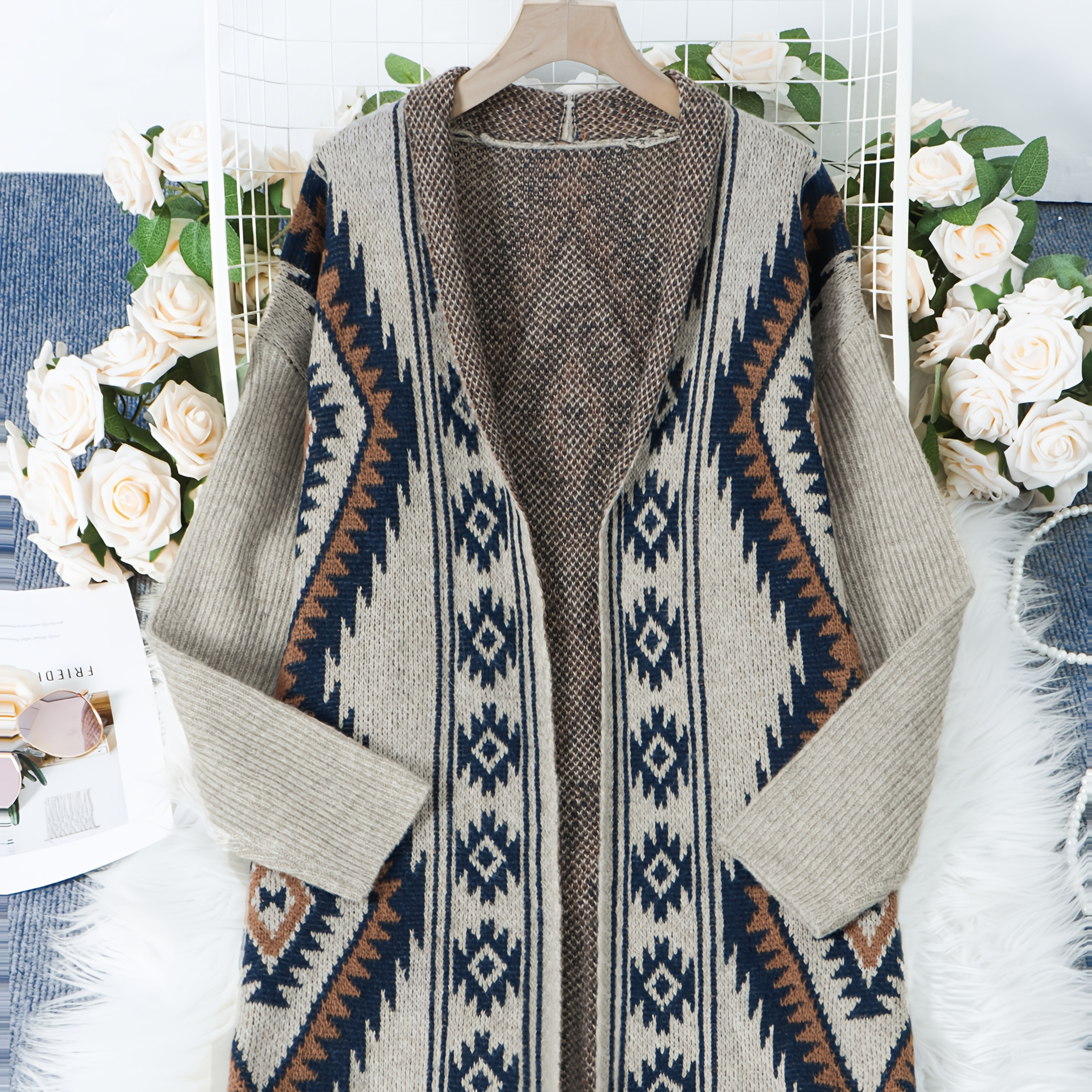 

Aztec Pattern Open Front Cardigan, Casual Long Sleeve Cardigan For Fall & Winter, Women's Clothing