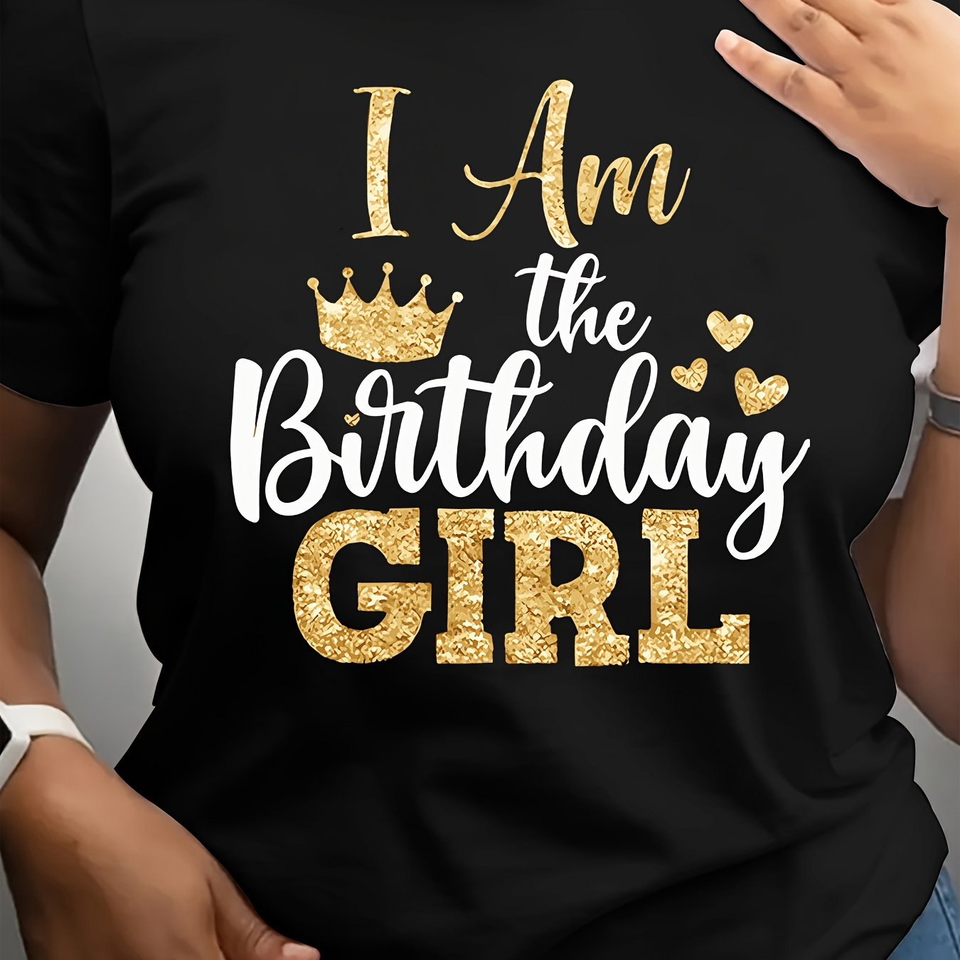 

Women's Birthday Girl T-shirt, Short Sleeve Crew Neck Casual Top, 95% Polyester 5% Elastane, Knit Fabric, Regular Length, All , Alphabet Print - Black